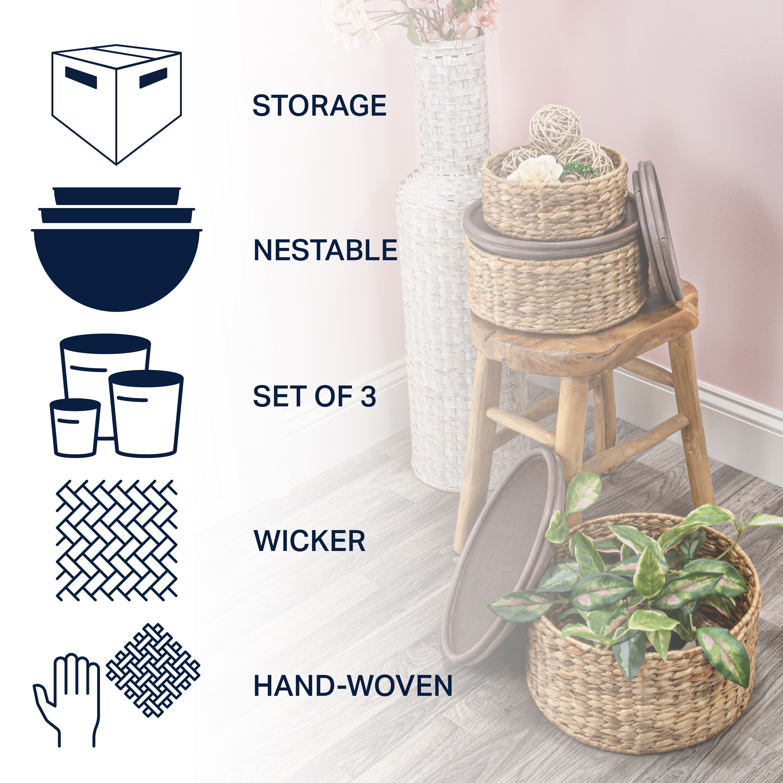 Natural Hand-Woven Hyacinth Round Storage Baskets with Wood Lids, Set of 3