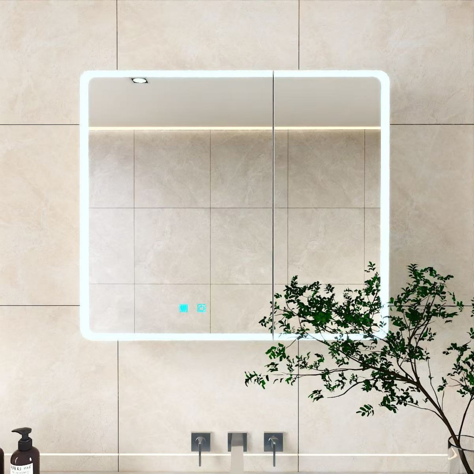 GlasFlength  31.50x27.56 Inch Two Door LED Bathroom Medicine Cabinet Single Color White Light Anti Fog Aluminum Plastic Body Easy to Install for Bathroom Vanity  White