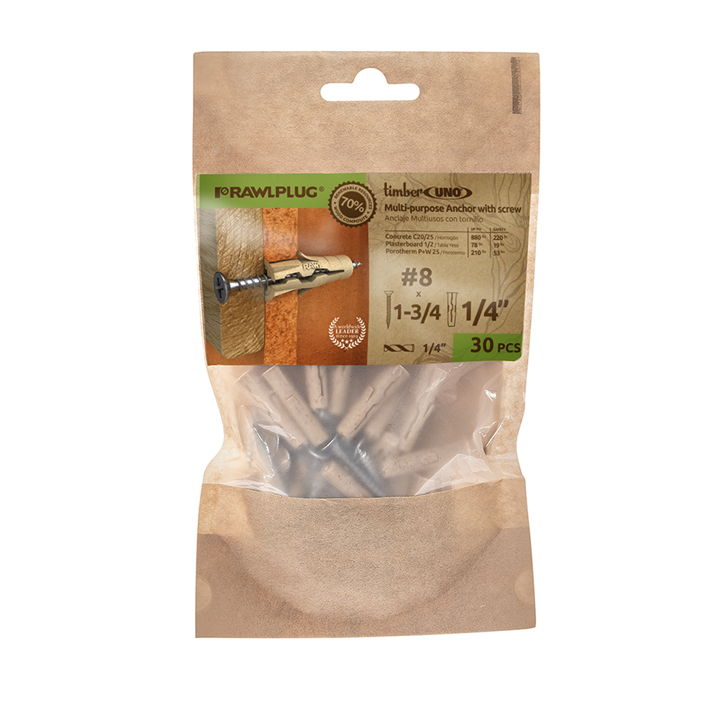 Rawlplug R-BIO-UNOT14+8-1 TIMBER UNO 78-lbs. 1/4-in x 1-1/4-in Anchors with Screws Included 30 -Pack
