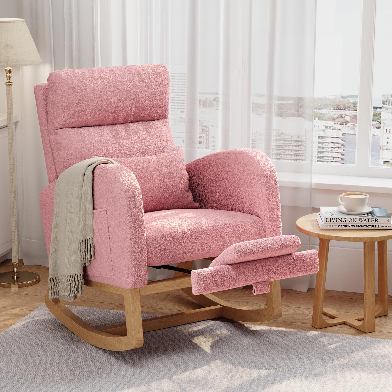 IdealHouse Modern Rocking Chair with Pillow Side Pockets Soft Fleece Upholstery High Back Glider Accent Chair for Nursery Living Room Bedroom Pink Lambswool with Footrest