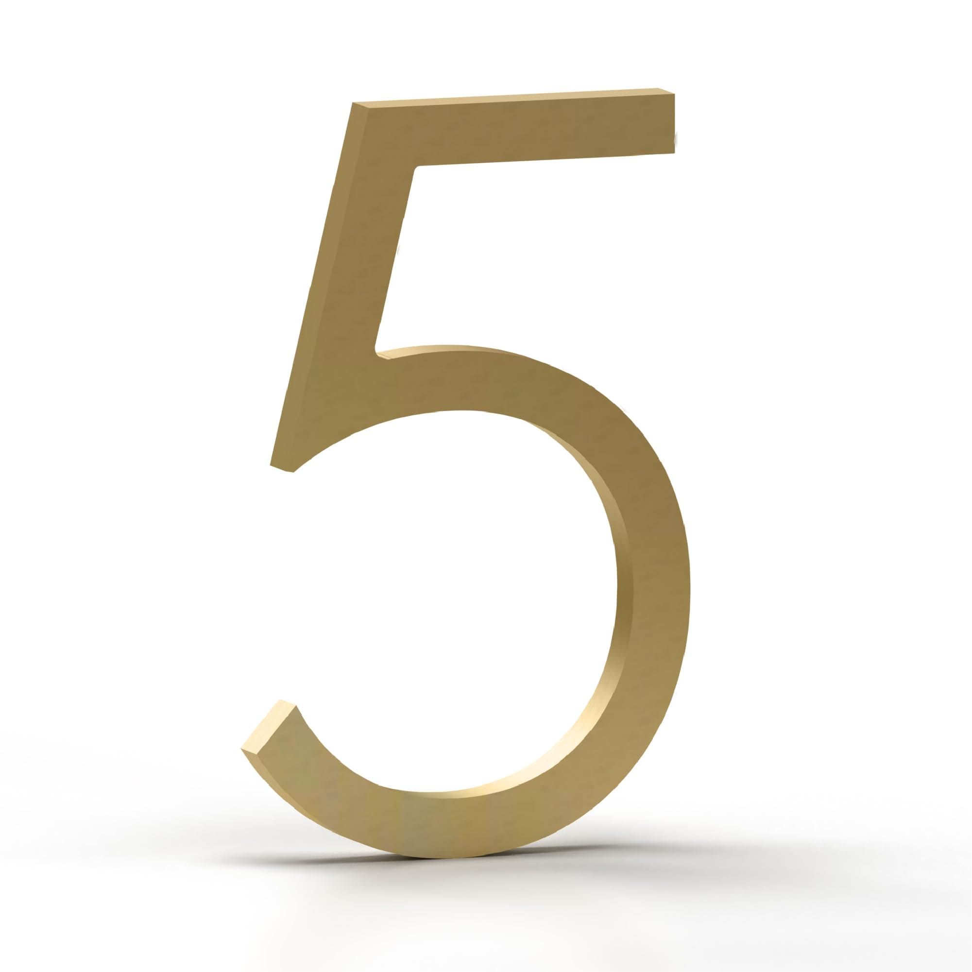 Mega Handles  House Numbers for Outside - 5'' Easy to Install Wall Mounted House Numbers for Exterior - Heavy Duty Metal Numbers for Address on House - Mounting Hardware Included - Satin Brass (Number 5)