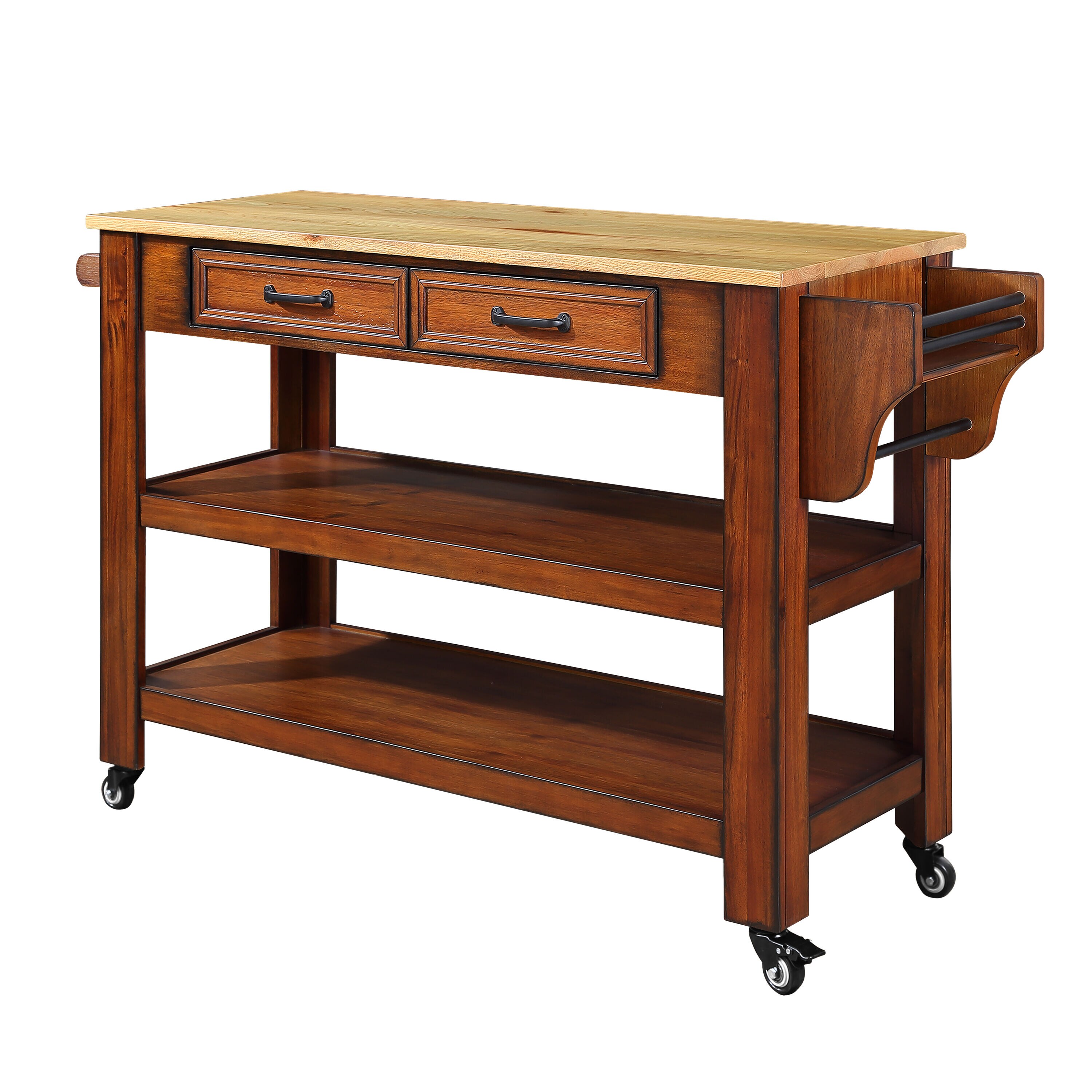 Bayfeve Retro Brown Rolling Kitchen Island with Drop Leaf Countertop, with Storage Cabinet and Tower Rack