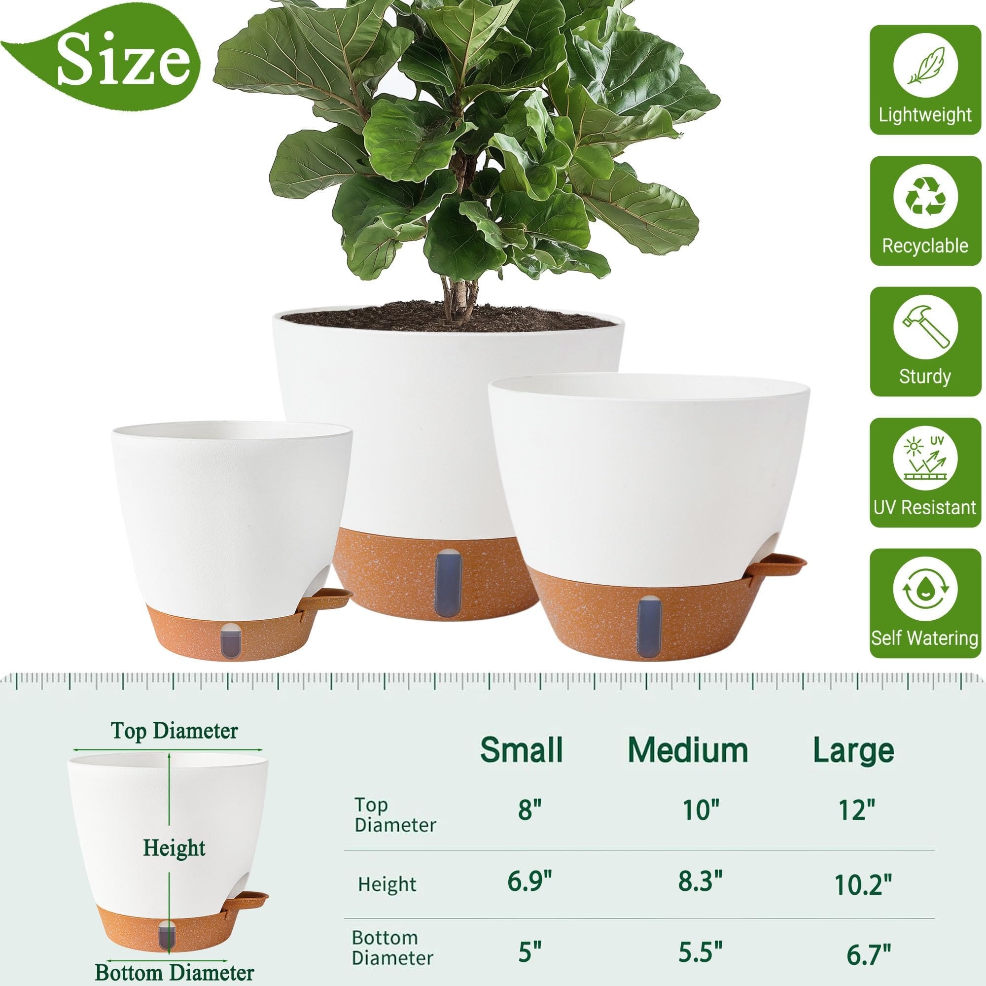 Adrinfly Self Watering Pots Set Large White Plastic Planters for Indoor ...