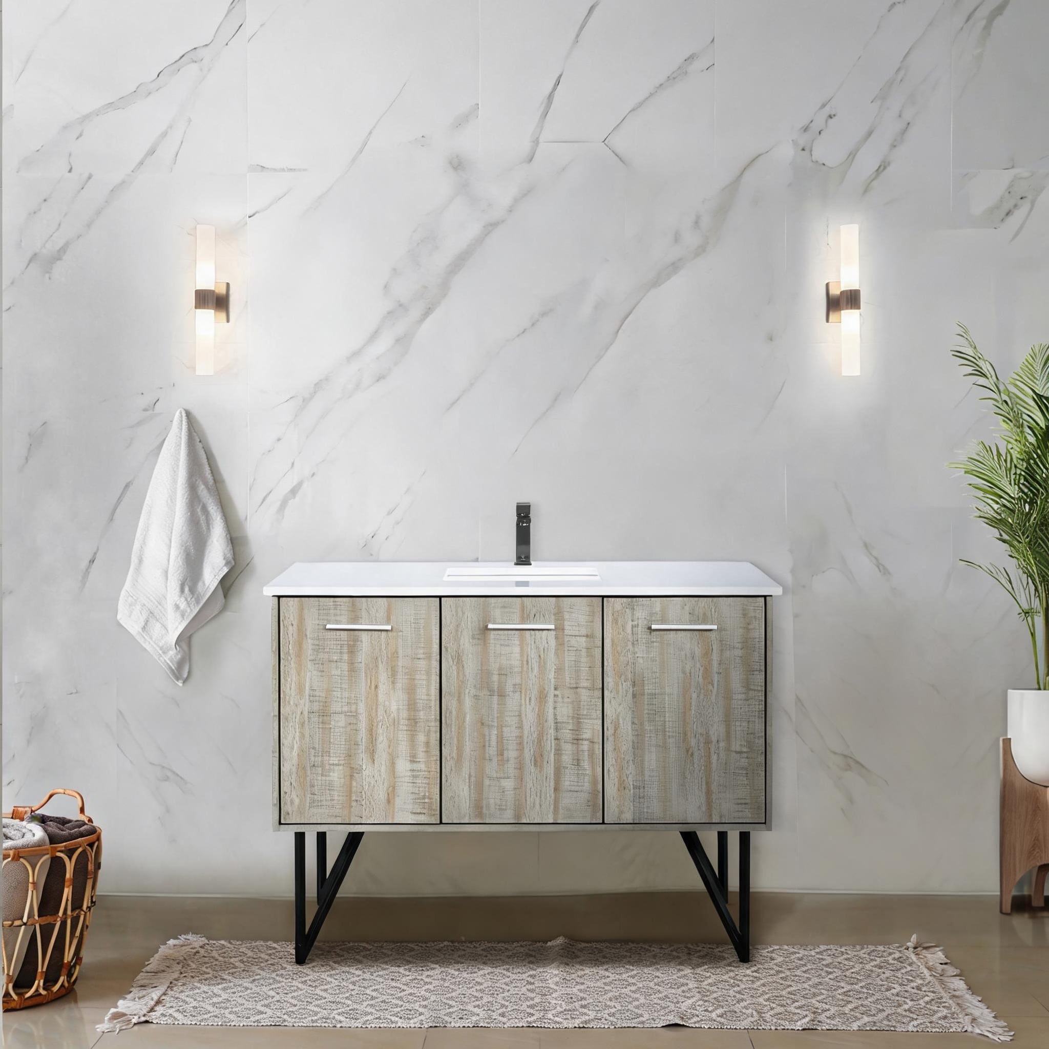 SunJet Bathroom Vanity with Cultured Marble Top Acacia Wood 48-Inch Gun Metal Faucet Included