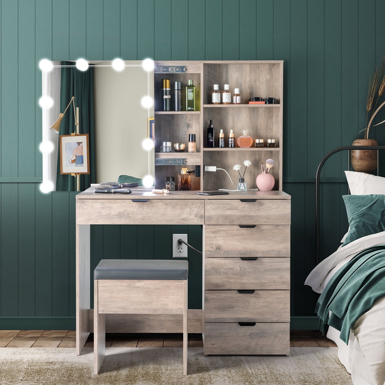 Zyerch Retro Gray Multifunctional Dressing Table Set with 6 Drawers 2 ...