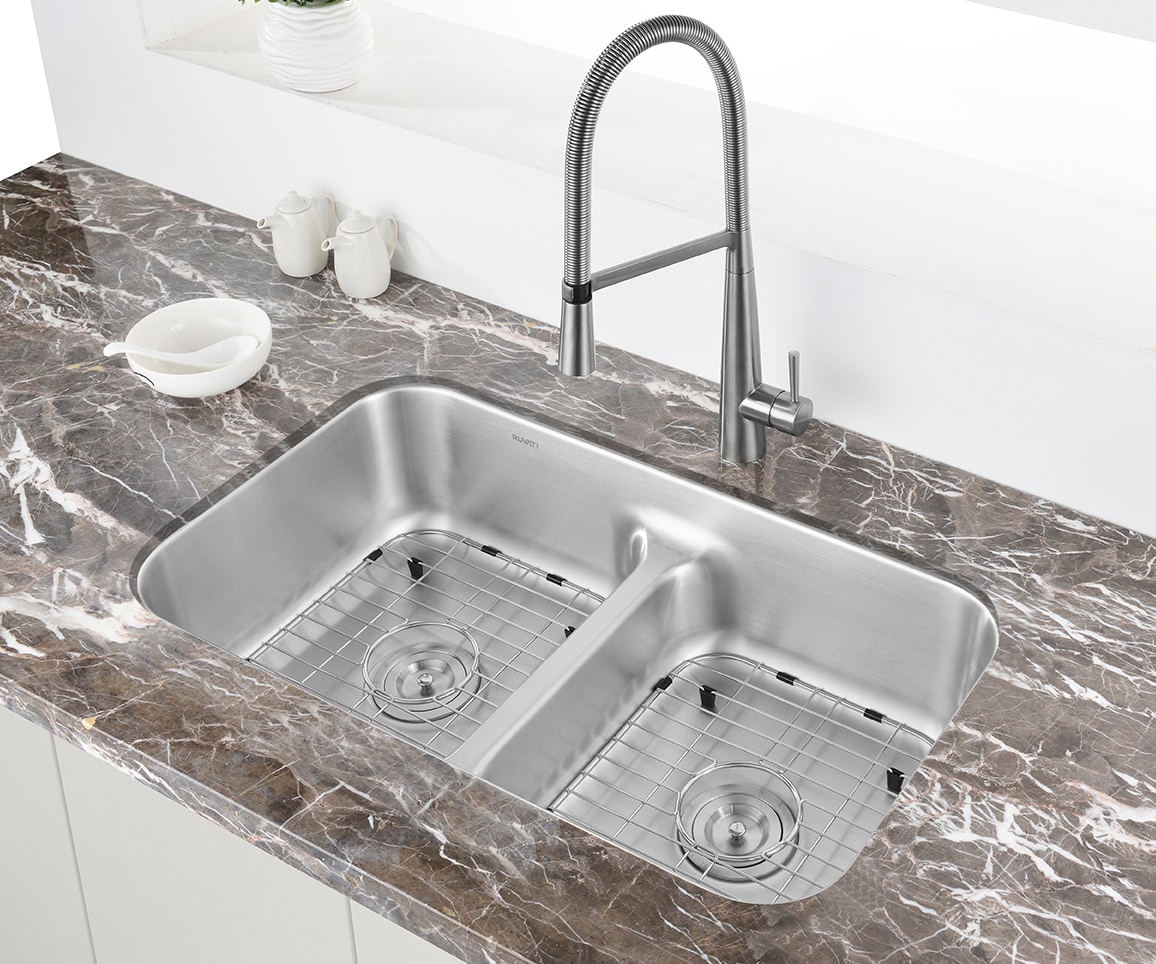 Ruvati Parmi Undermount 32.25-in x 18.875-in Brushed Stainless Steel Double  Offset Bowl Kitchen Sink in the Kitchen Sinks department at