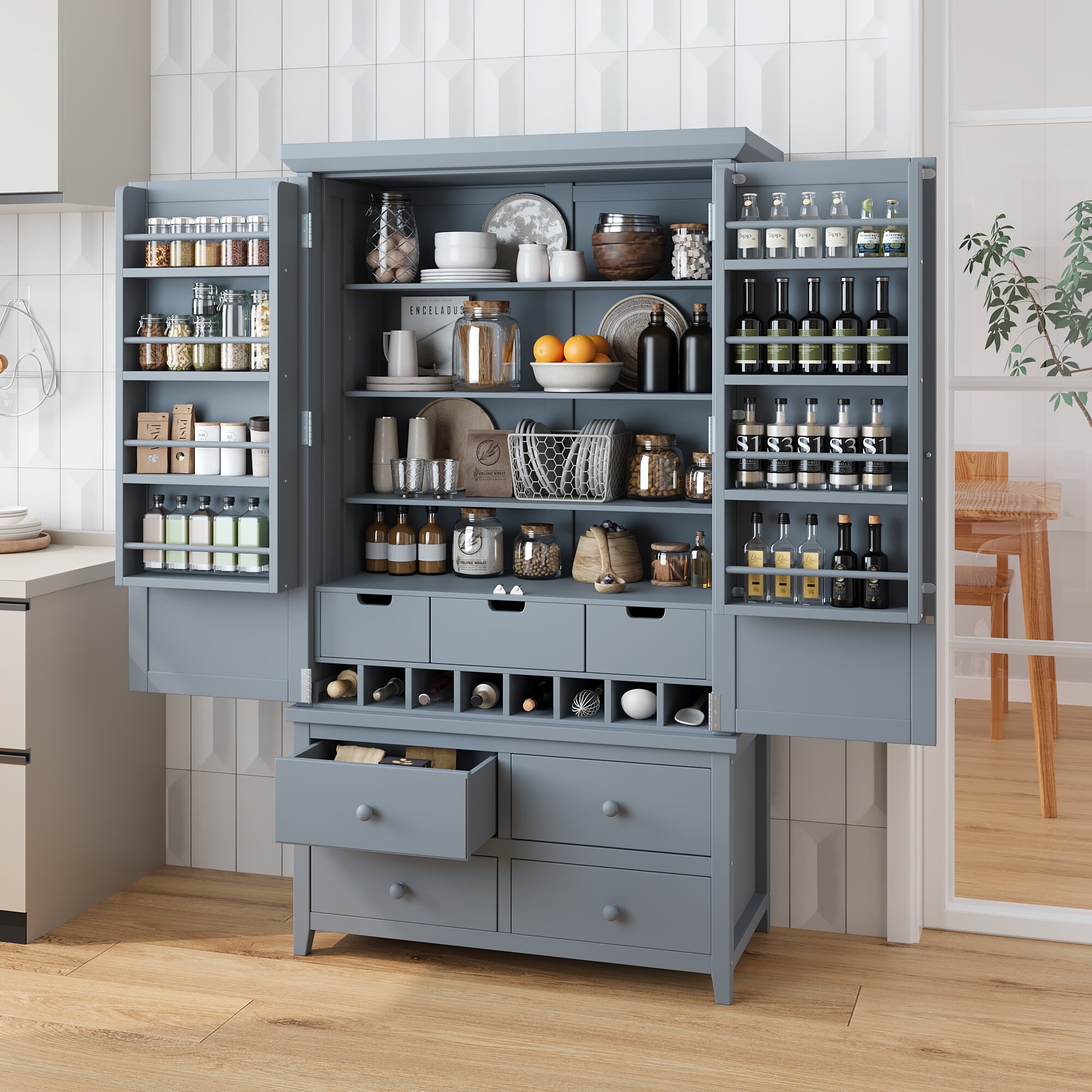 Oaks Decor OA0070AAE Contemporary/Modern Blue Pantry with Wine Storage