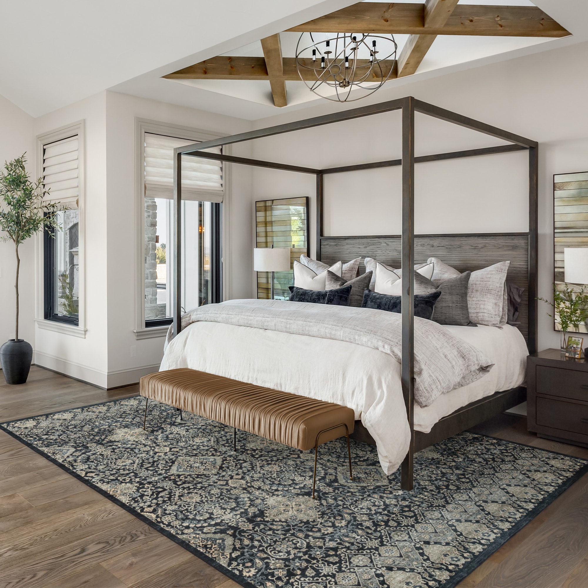 GERTMENIAN 28529 6 x 9 (ft) Polyester Black Rectangular Indoor Floral/Botanical Bohemian/Eclectic Area rug