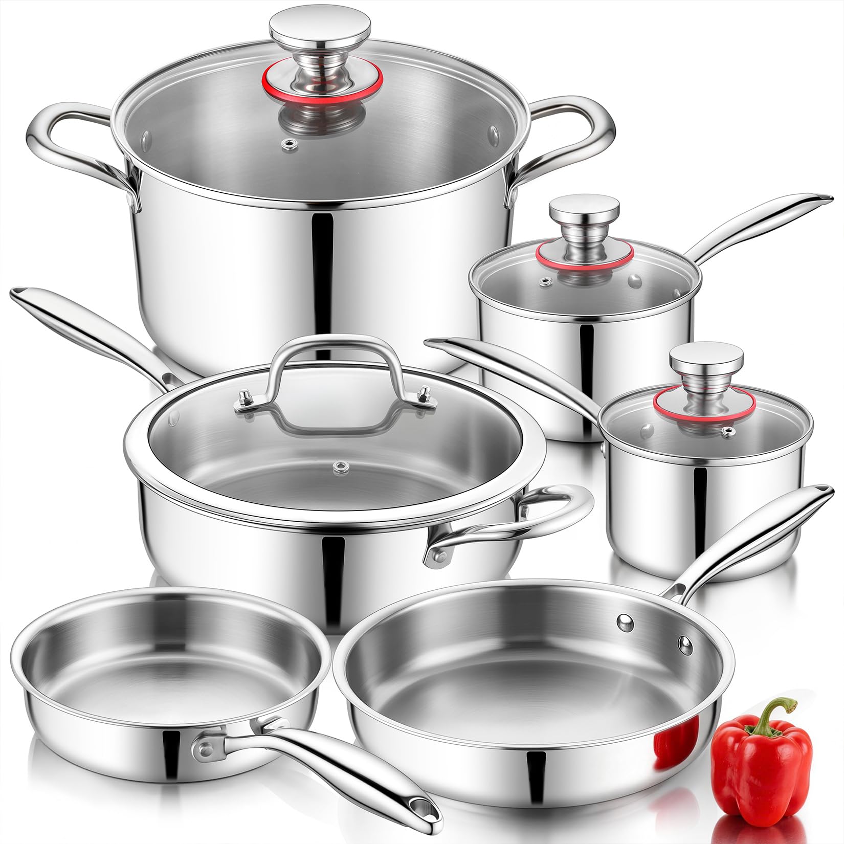 DHMHD  3-Ply Stainless Steel Cookware Set 10 Pieces Pots and Pans for Kitchen Induction Multi Cooktops Oven Safe Dishwasher Friendly