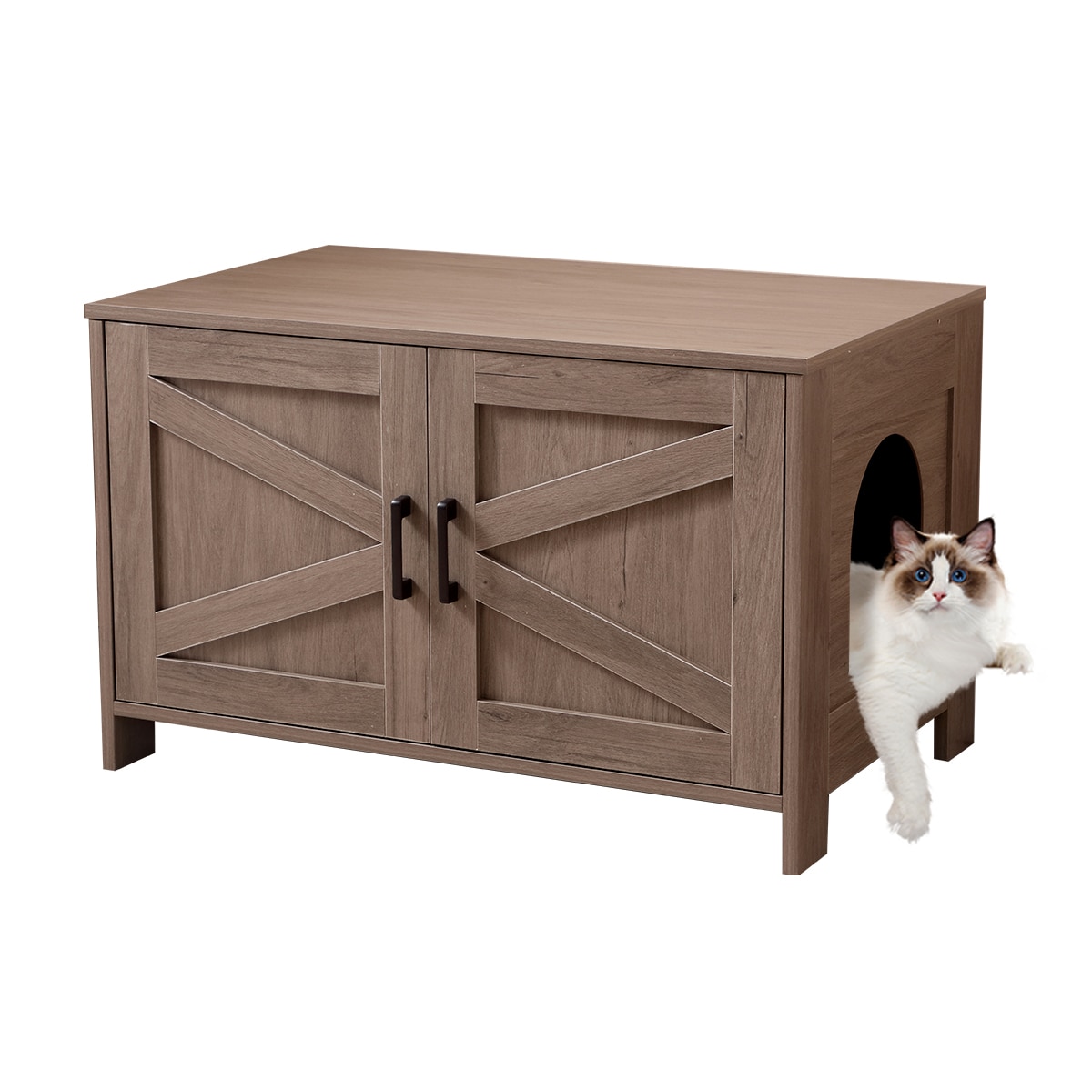 Tatayosi T2-8P235407 Cat Litter Box Enclosure Litter Box Furniture Hidden with Barn Door Wooden Cat Washroom Furniture Cat House End Table Fit Most of Litter Box Greige