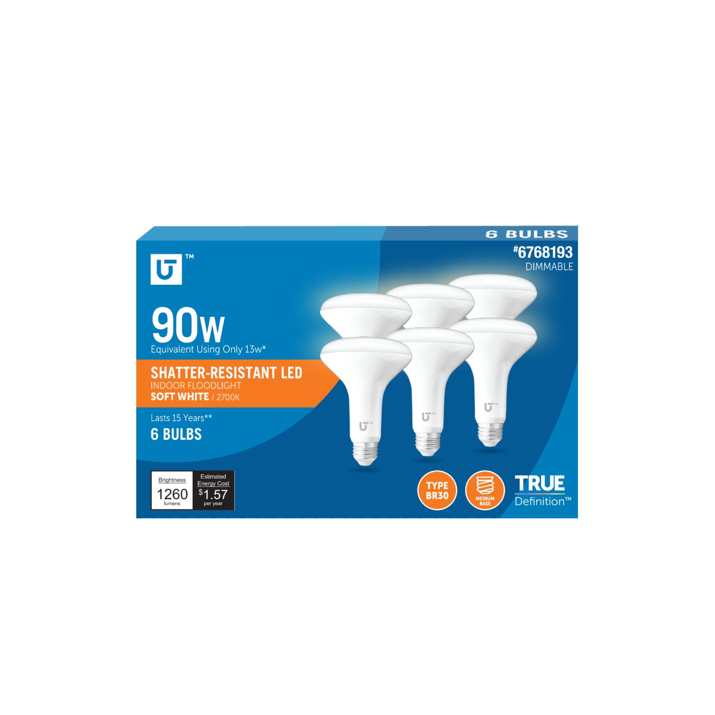 Utilitech 65 -Watt EQ BR30 Soft white Medium screw base E26 Dimmable LED Spot Flood Light Bulb 6 -Pack