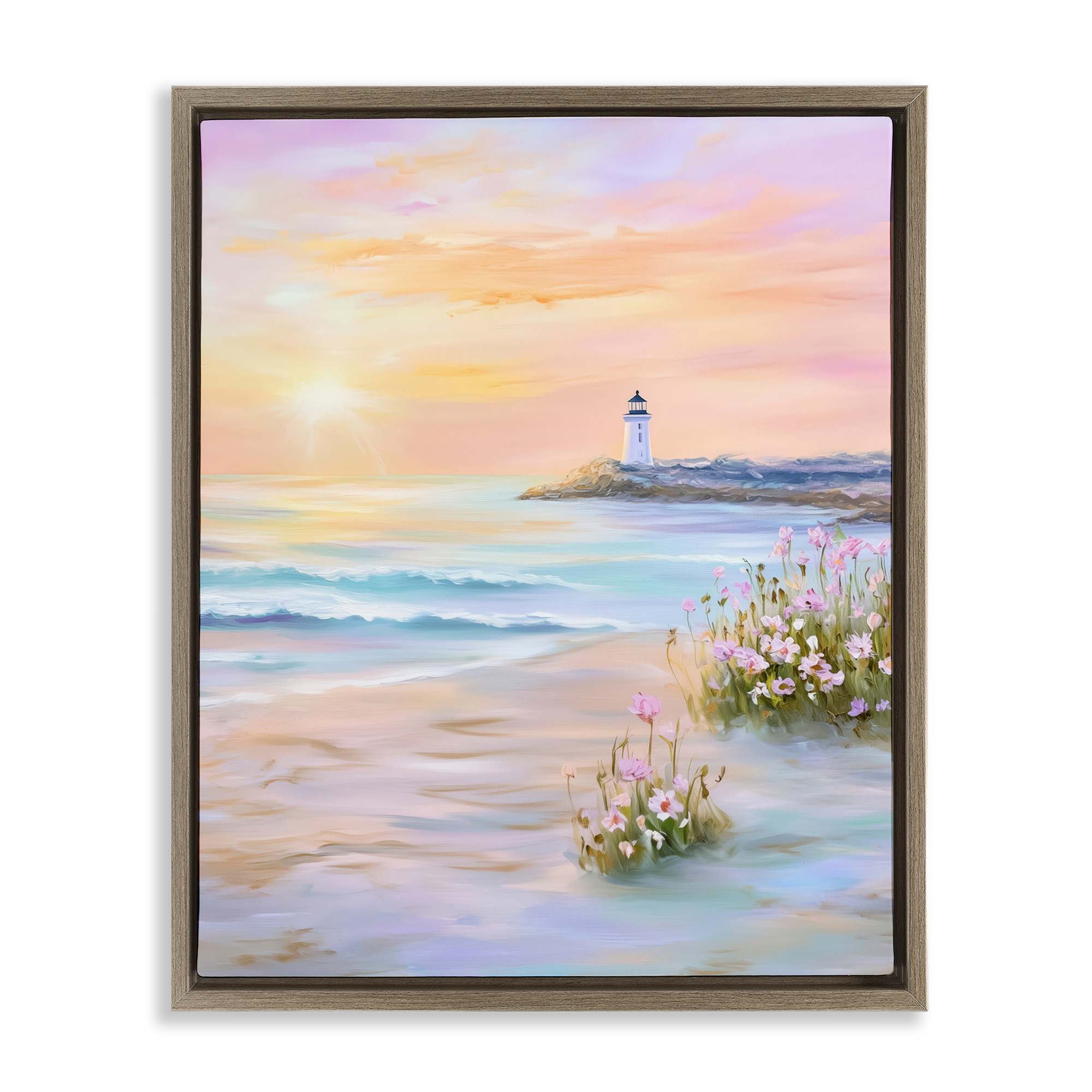 Stupell Industries BT-697-FFE-16X20 Warm Sunrise with Distant Lighthouse Floating Frame design by Arlington Prints