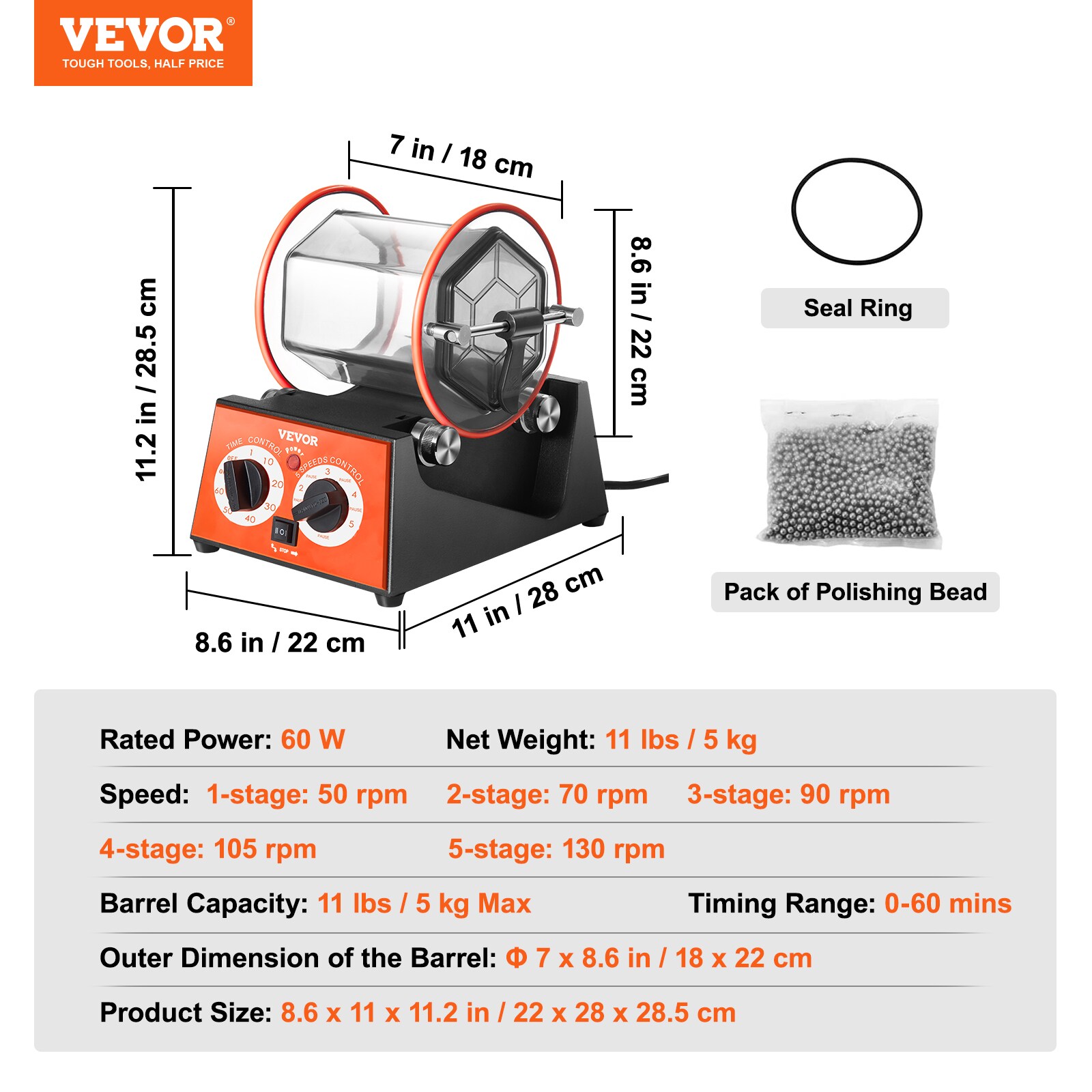 VEVOR Jewelry Polisher Tumbler 11lbs/5kg Capacity Mini Rotary Tumbler Machine with 0-60 Minutes Timer 5 Speeds Jewelry Rotary Finisher for Surface