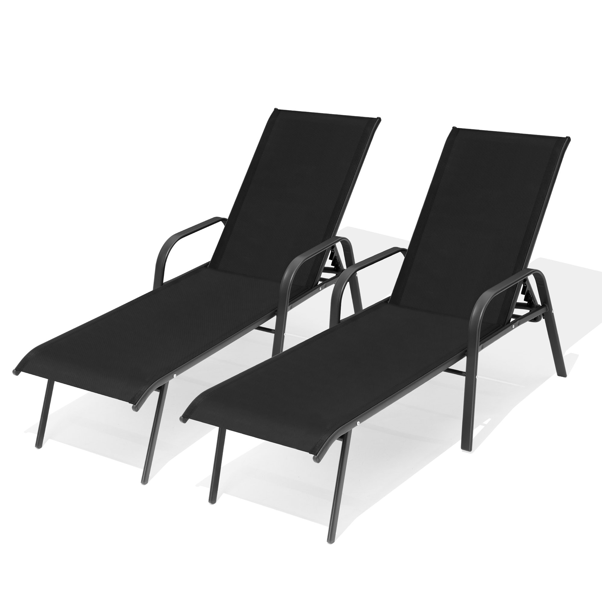 Crestlive Products CL-LG012BLK Adjustable Chaise Lounge Chair Set of 2 Brown Steel Frame Stationary Chaise Lounge Chair with Black Textilene Mesh Seat