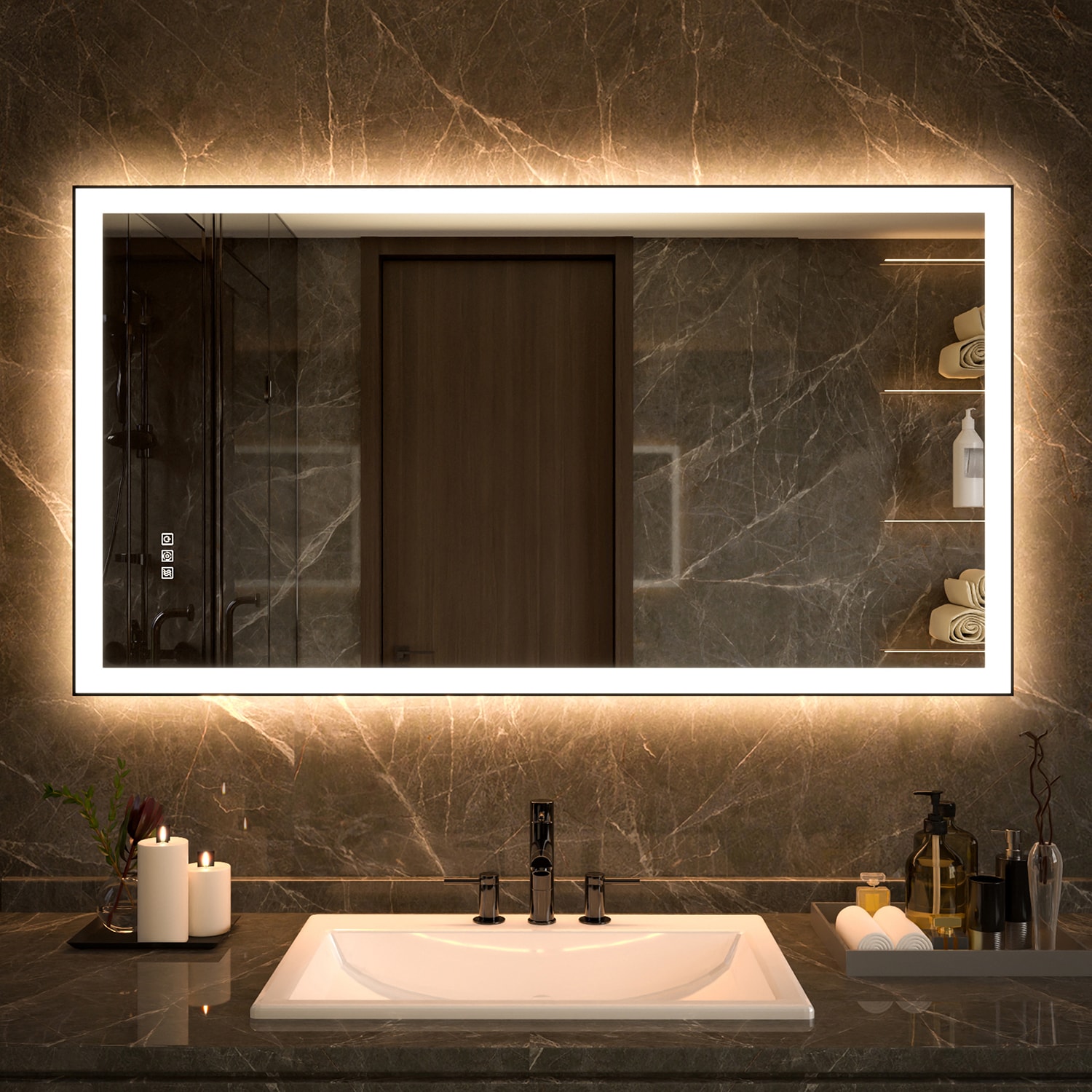 ExBrite EXBM2432V12 Zentro 55-in x 30-in Framed Rectangle Dimmable LED Lighted Fog Free Bathroom Vanity Mirror ( Matte Black )