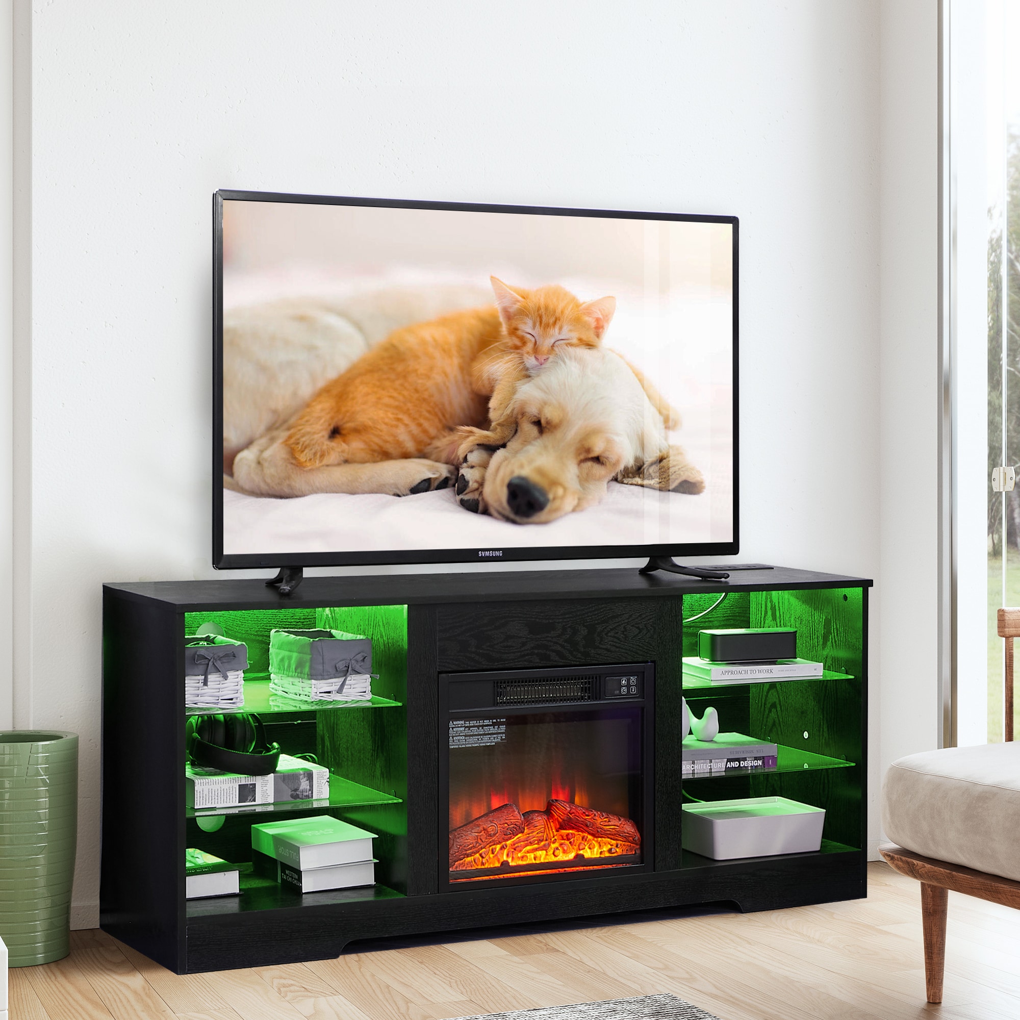 Sunrinx MG8-FP-09 57.87-Inches W Black TV Stand with Fan-forced Flat wall Electric Fireplace with Remote Control Included