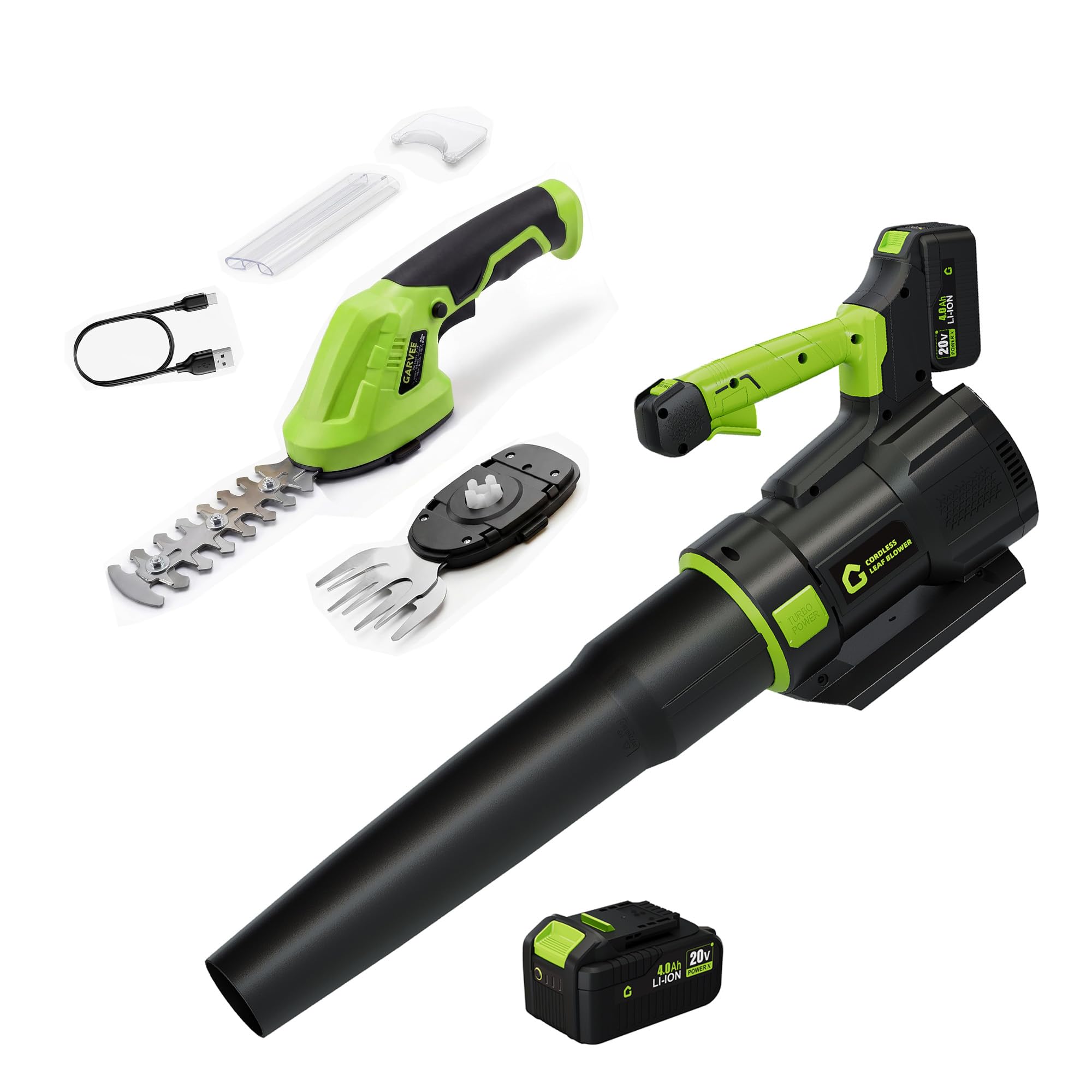 Garvee 72V Electric Hedge Trimmer and 20V Cordless Leaf Blower Combo Kit Battery Powered Handheld Garden Tool Set for Lawn Shrub Grass Care Green