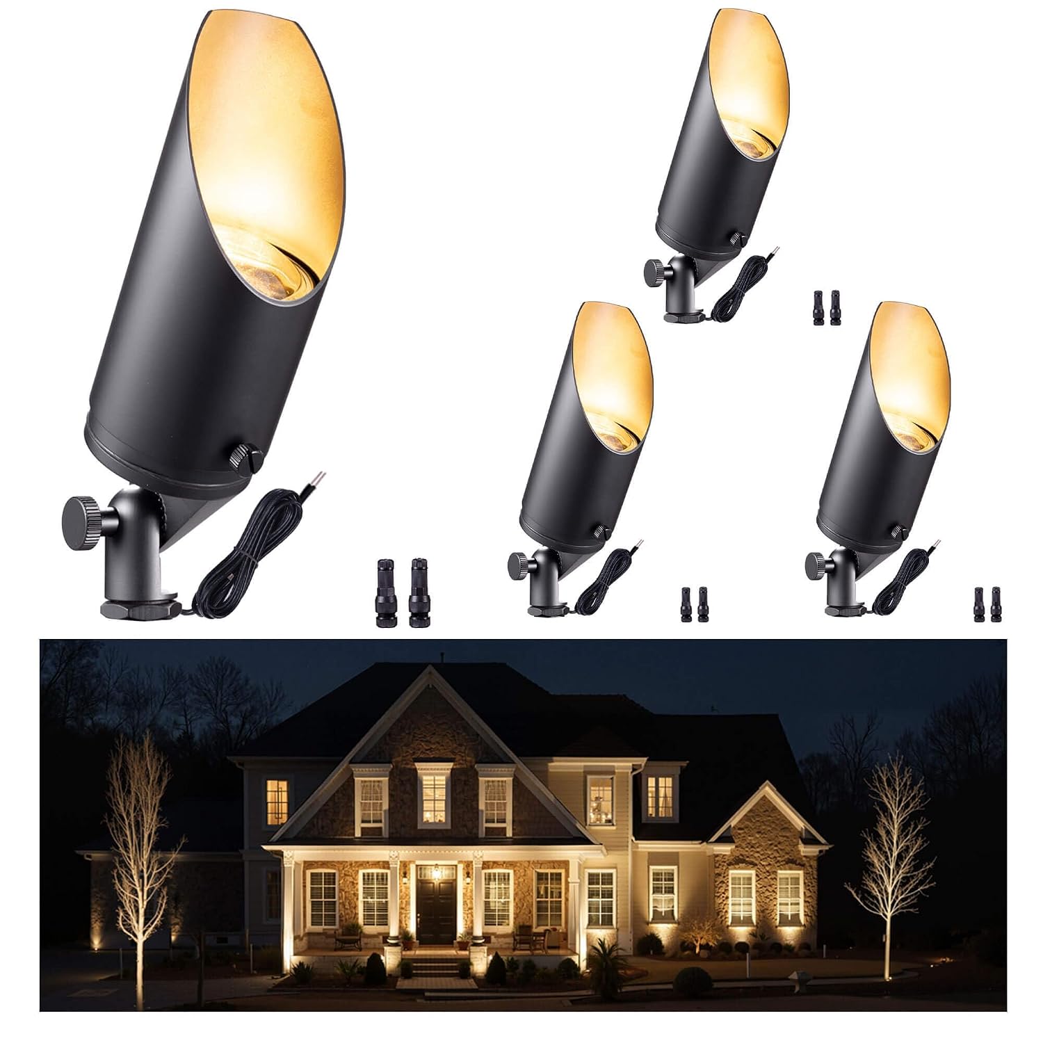 Gardenreet Low Voltage Outdoor Brass Landscape Spotlights 12V Wired LED Uplights IP65 Waterproof Adjustable Beam Spot Lights for Trees and Yard 4 Pack