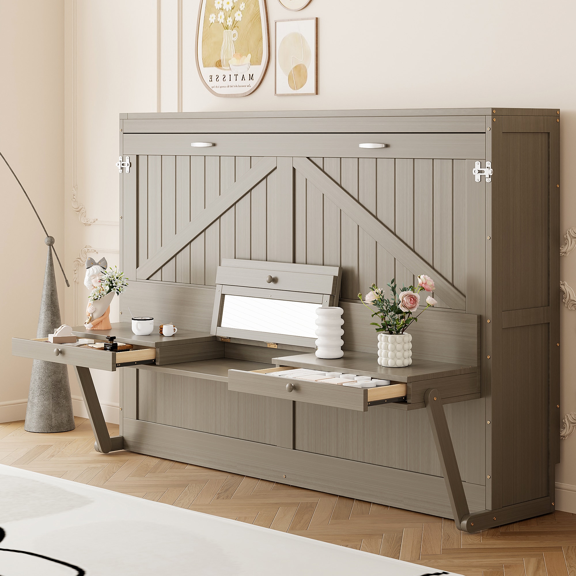 ModernLuxe L3P-LP000766AAE Queen Size Wall Murphy Bed with Storage Foldable Cabinet Bed with Vanity Desk Center Mirror  2 Side Drawers Distressed Gray