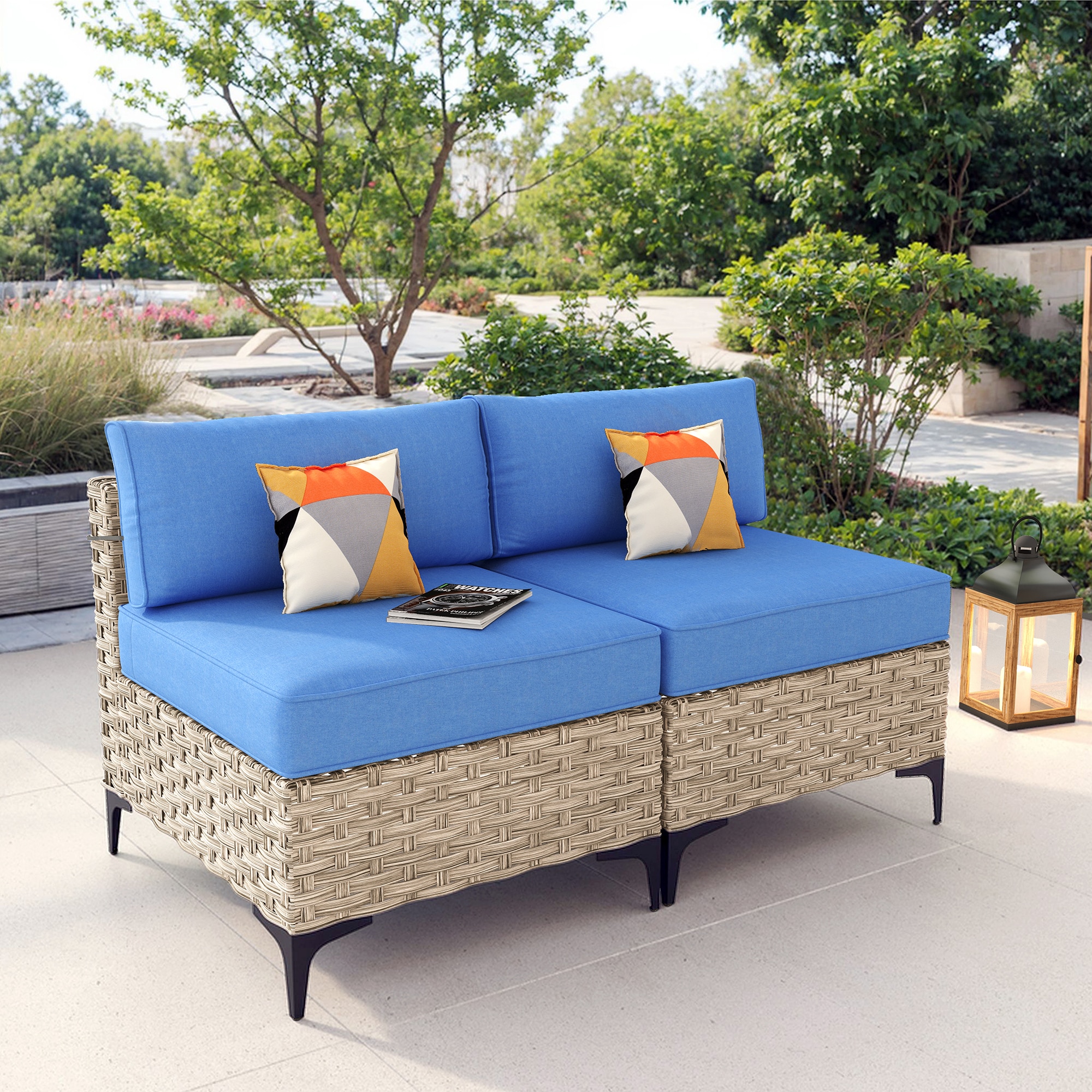 Caodoc L5-SKT500-2-1 SKT Rattan Outdoor Sectional with Blue Cushions and Wicker Frame