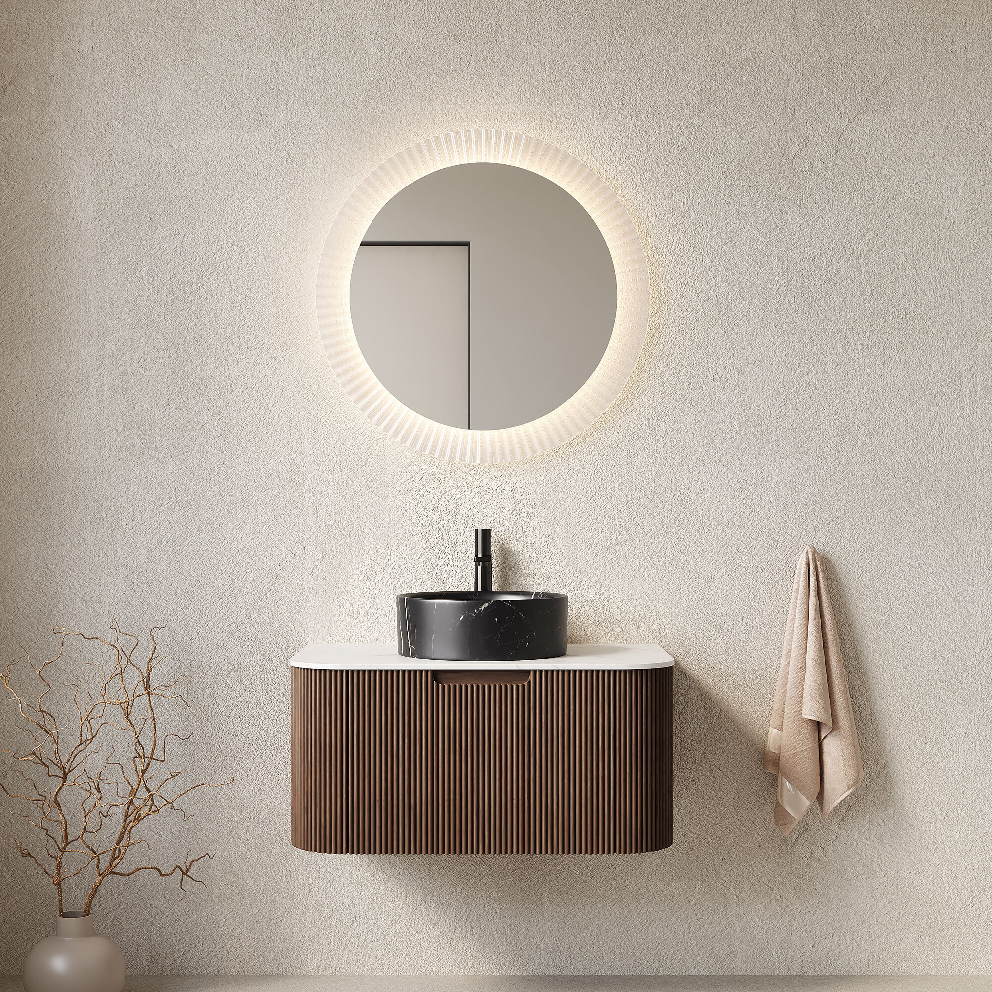 JUSHUA DINA 30 Inches Bathroom Vanity and Sink Floating Curved Edges Striped Storage Cabinet with Drawer Stone Black Round Ceramic Basin and Carrara White Sintered Stone Top Pre-assembled Dark Walnut Woodgrain Color