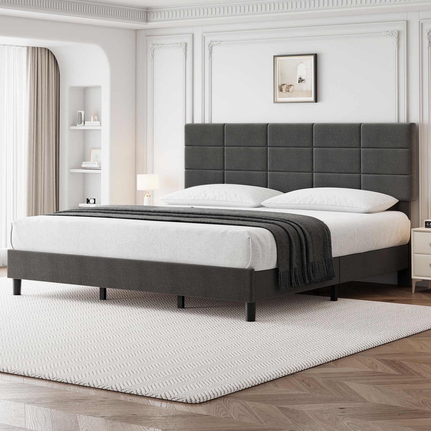 Qeetex LHF-BED-PHO-10JX5O4X King Size Bed Frame with Adjustable Headboard Linen Upholstered King Platform Bed Frame with Wooden Slats Support Mattress Foundation and No Box Spring Needed Grey