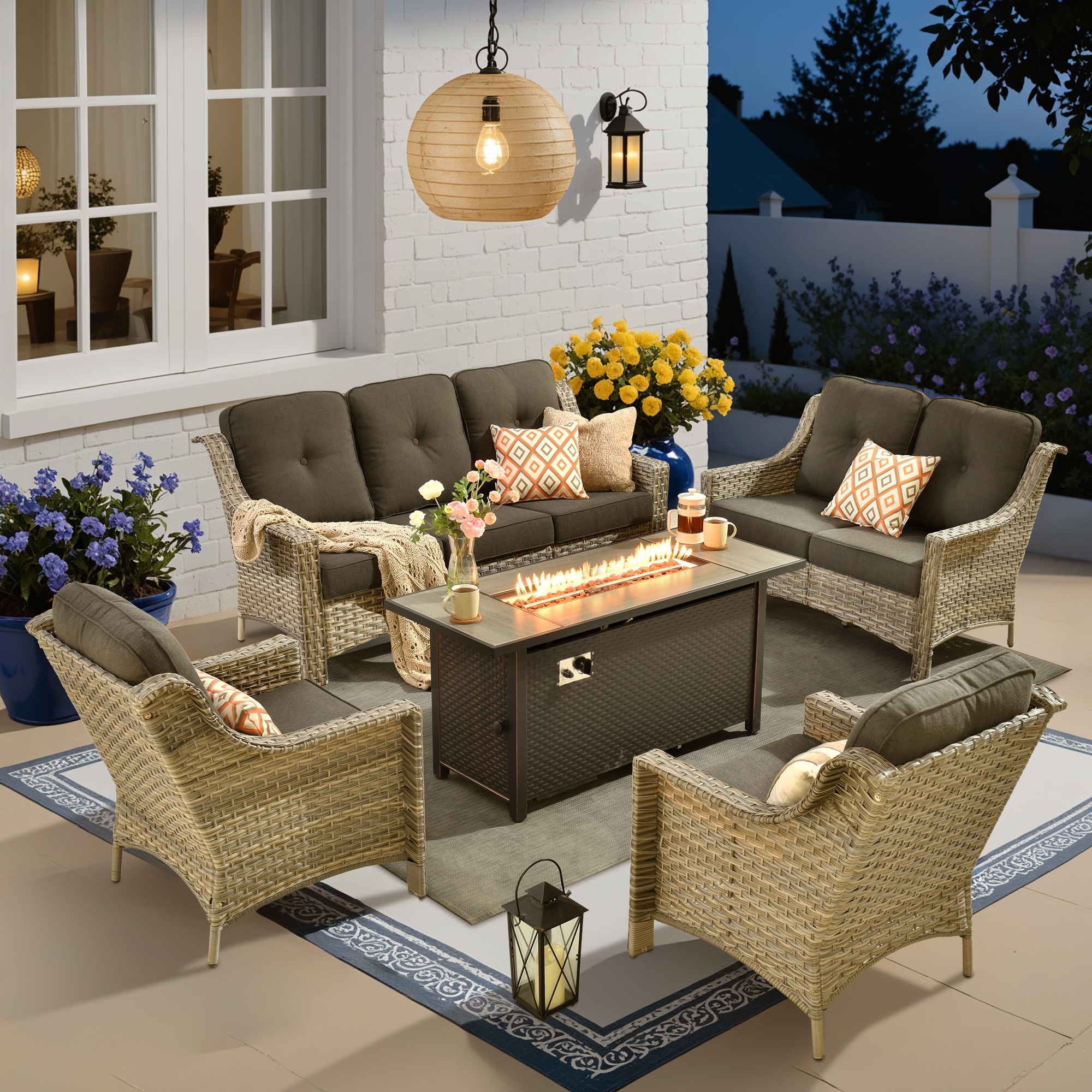 XIZZI XIPADF1044-IFP54 Pyrophyllite 5 -Piece Rattan Patio Sofa Conversation Set with Black Cushions