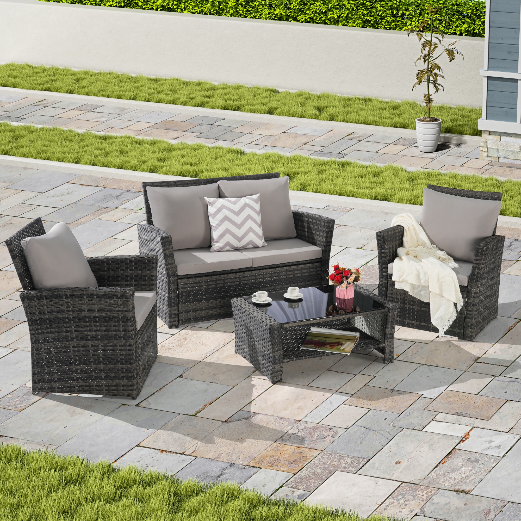 SANSTAR LRS-857GY 4 -Piece Wicker Patio Sofa Conversation Set with Gray Polyester Cushions