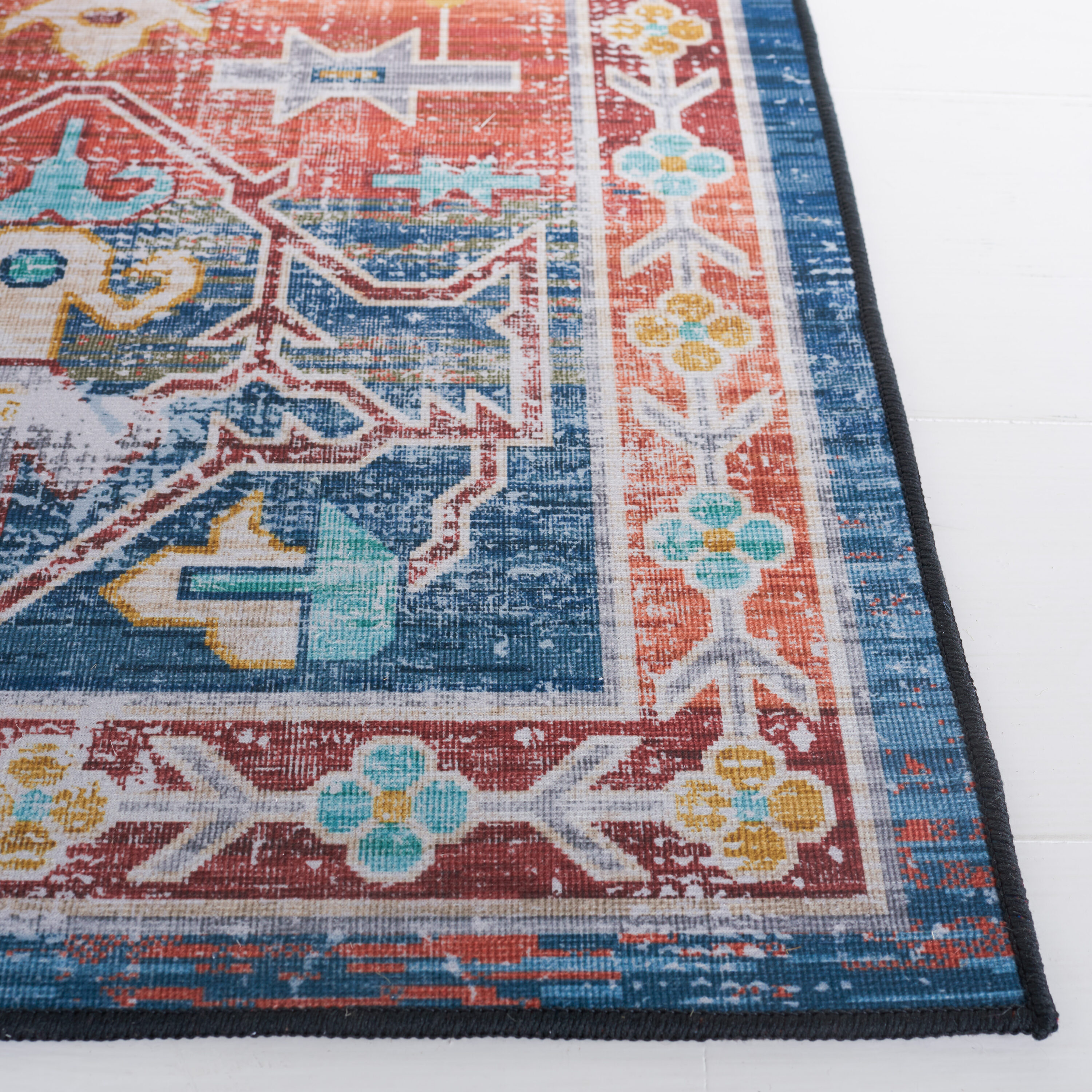 Tucson Traditional Blue/Rust 3' x 5' Machine Washable Area Rug