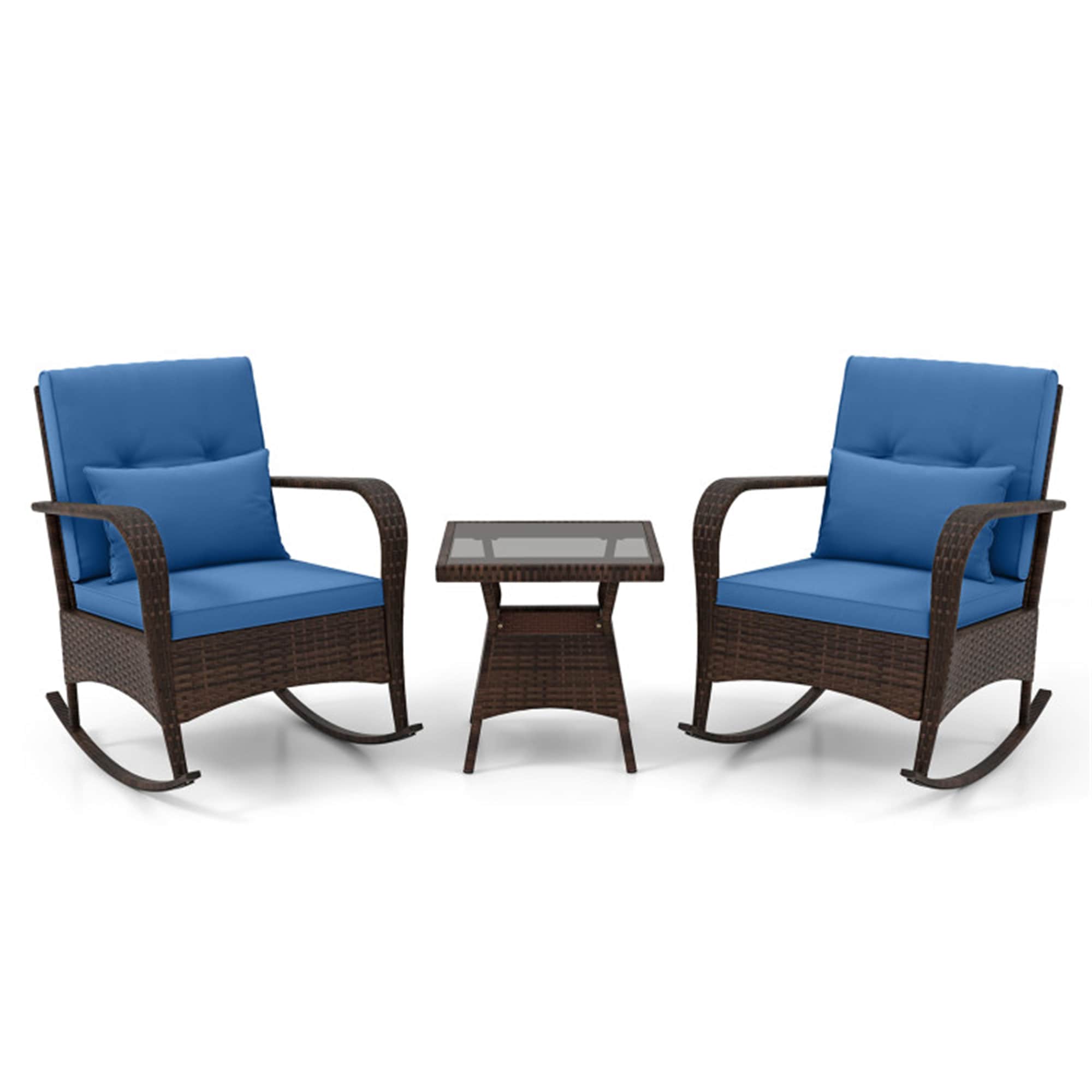 BABOOM BOM-71689NY-CO Outdoor Rocking Set 3 -Piece Rattan Patio Conversation Set with Blue Cushions