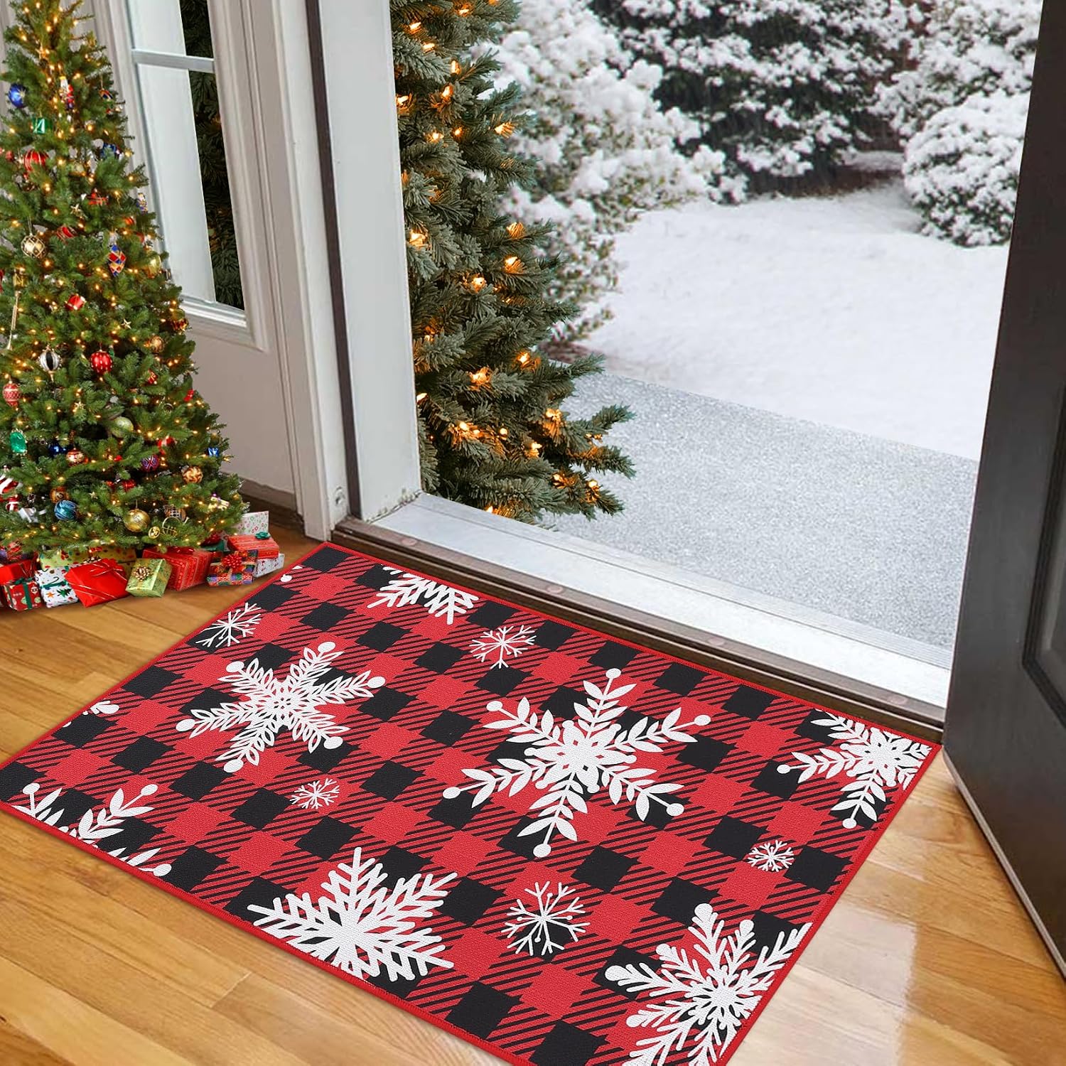 Garvee Christmas Buffalo Plaid Welcome Mat - 17in x29in Non-Slip Snowflake Doormat for Front Door Absorbent Dirt-Resistant Indoor/Outdoor Entryway Mat Washable Low-Pile Holiday Floor Mat Red