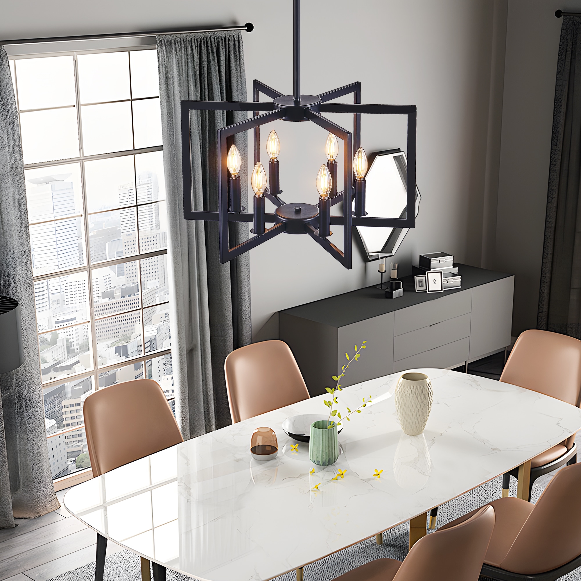 Dimakai Black Geometric Chandelier 22 Inch 6 Light Industrial Metal Pendant Fixture