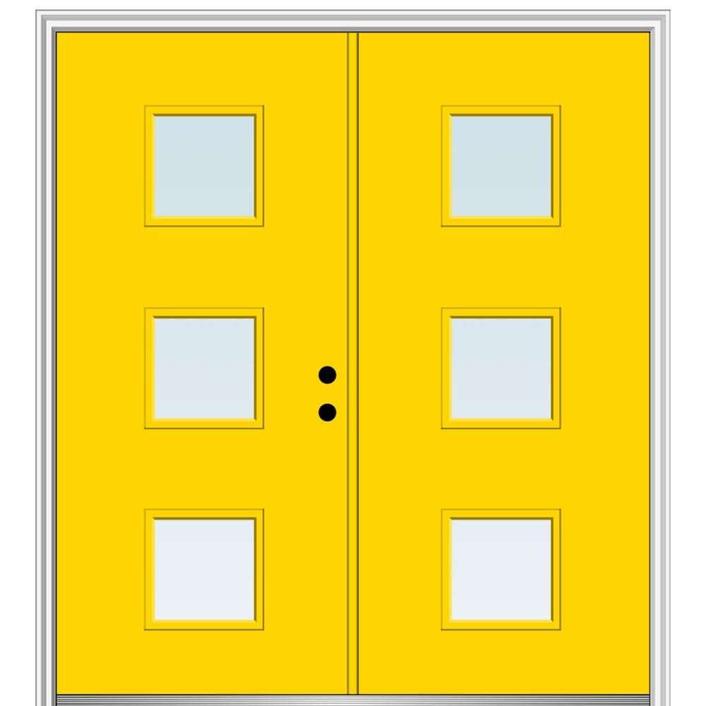 MMI DOOR ZZ346081L Spotlights 72-in x 80-in x 4-9/16-in Fiberglass Pulse lite Left-hand inswing Yellow Flash Painted Prehung Double Front Door with Brickmould Insulating core