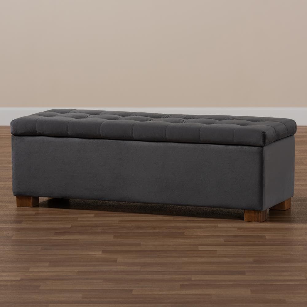 Gray Velvet Upholstered Grid Tufted Storage Ottoman Bench