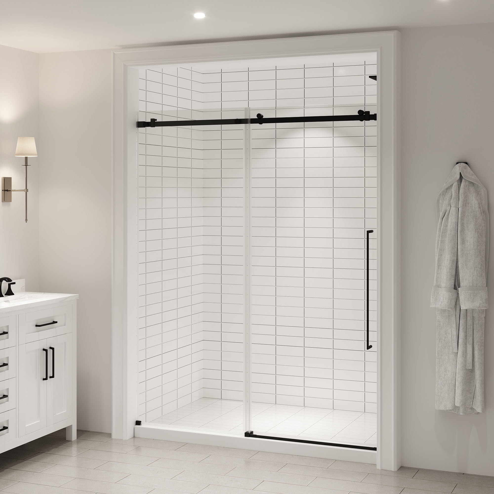 OVE Decors 15SGP-SELB60-BLK Selby Matte Black 59-3/16-in to 60-in W x 74.02-in H Frameless Sliding Shower door 5/16-in Thick Clear Glass