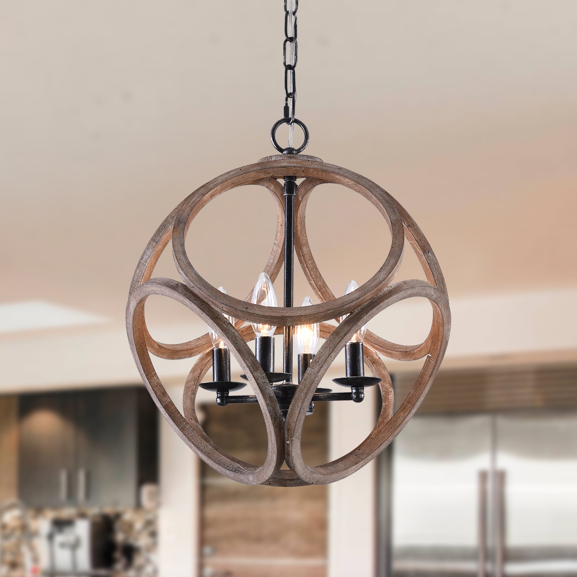 Cusp Barn FC4061-4H FC4061 4 -Light Brushed Brown French country/cottage Cage Wood For Use in Bedrooms, Dining Rooms, Foyers, Kitchens, Living Rooms Chandelier