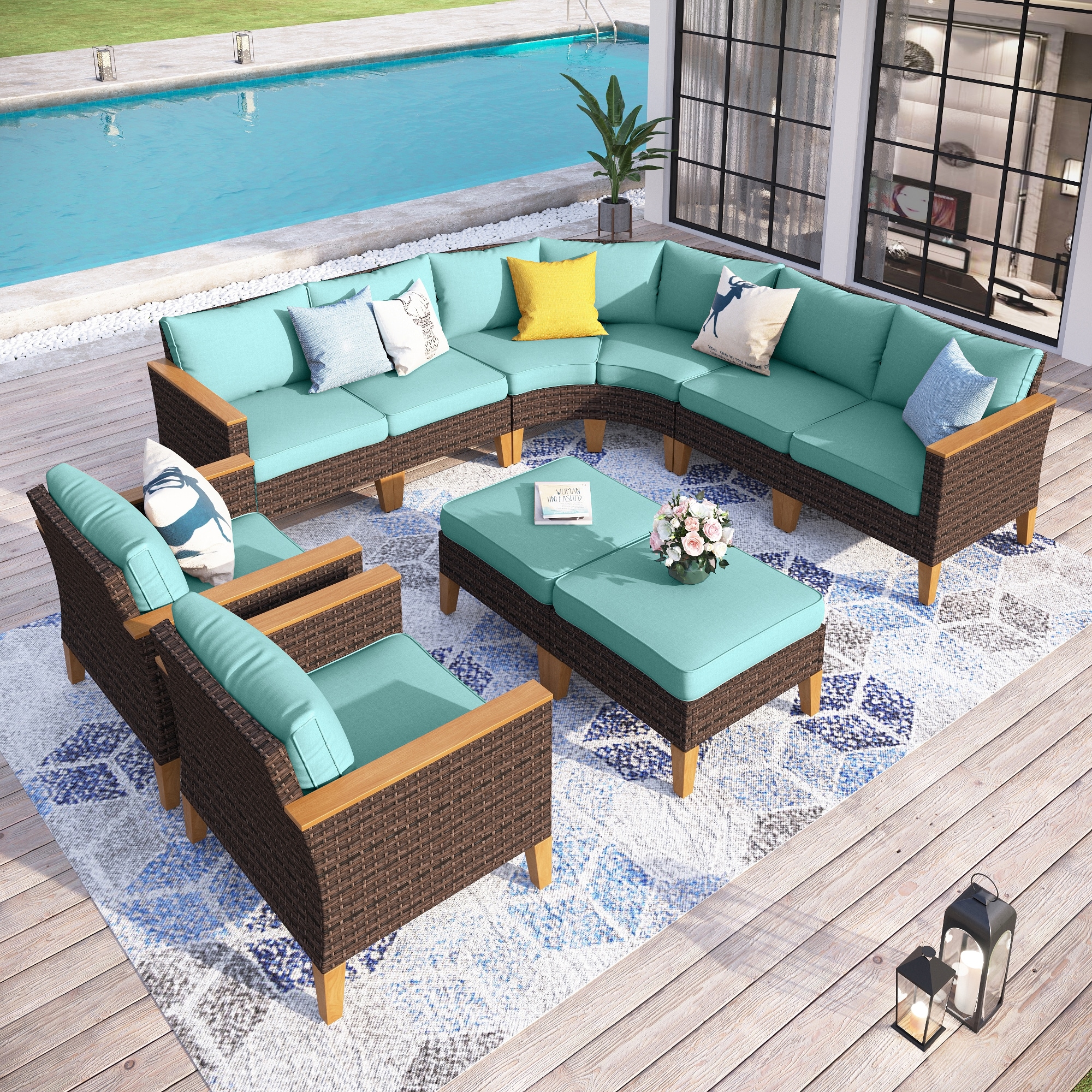 Sunshine Valley CR006-18-10-BU Half-moon Patio Conversation Set 9 -Piece Wicker Patio Sofa Conversation Set with Blue CUSHION PRO Cushions