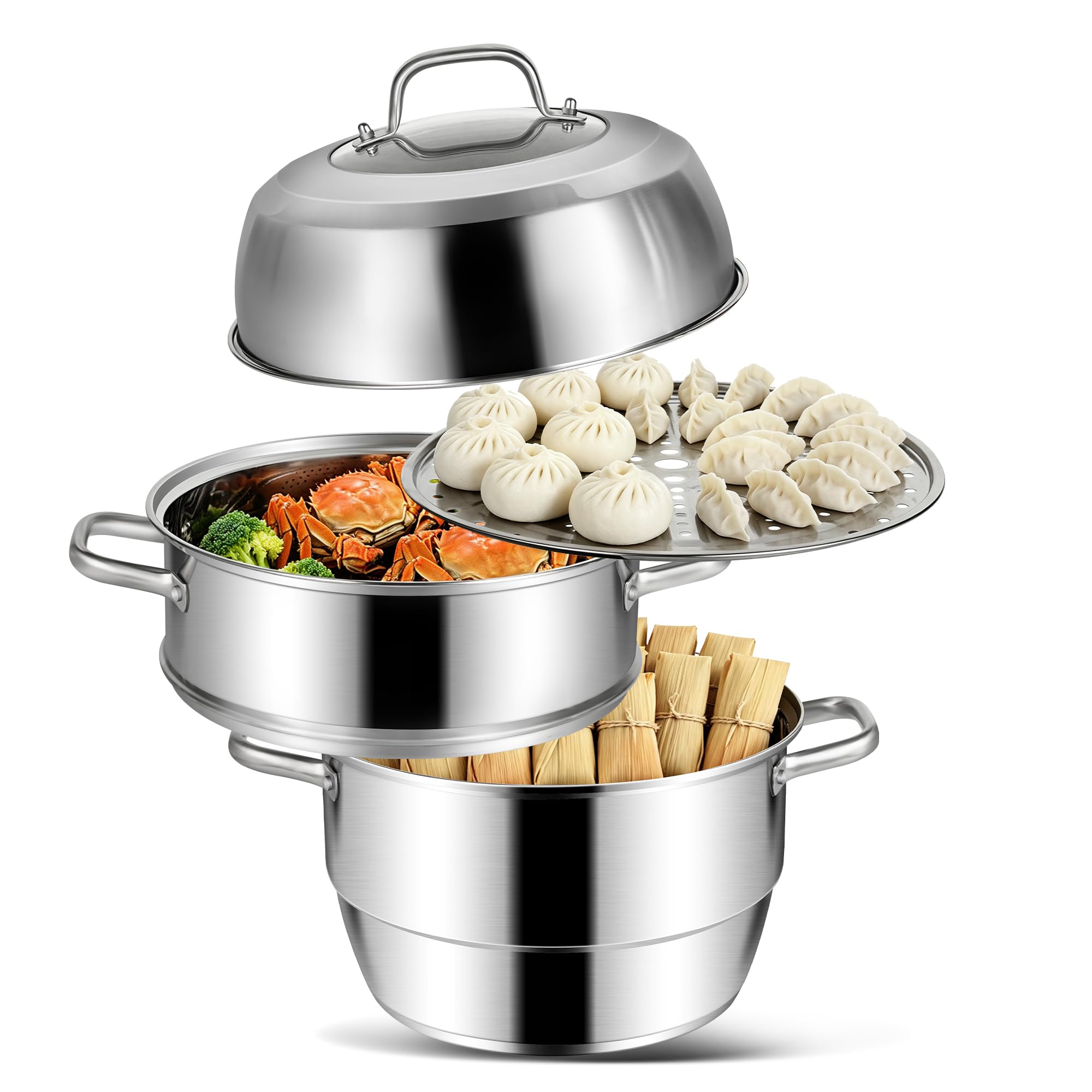 DHMHD 3 Tier Steamer Pot Stainless Steel Large 13.4 Inch Induction Steamer for Cooking Dumplings Buns and Dim Sum durable home and garden #LDH0818X104
