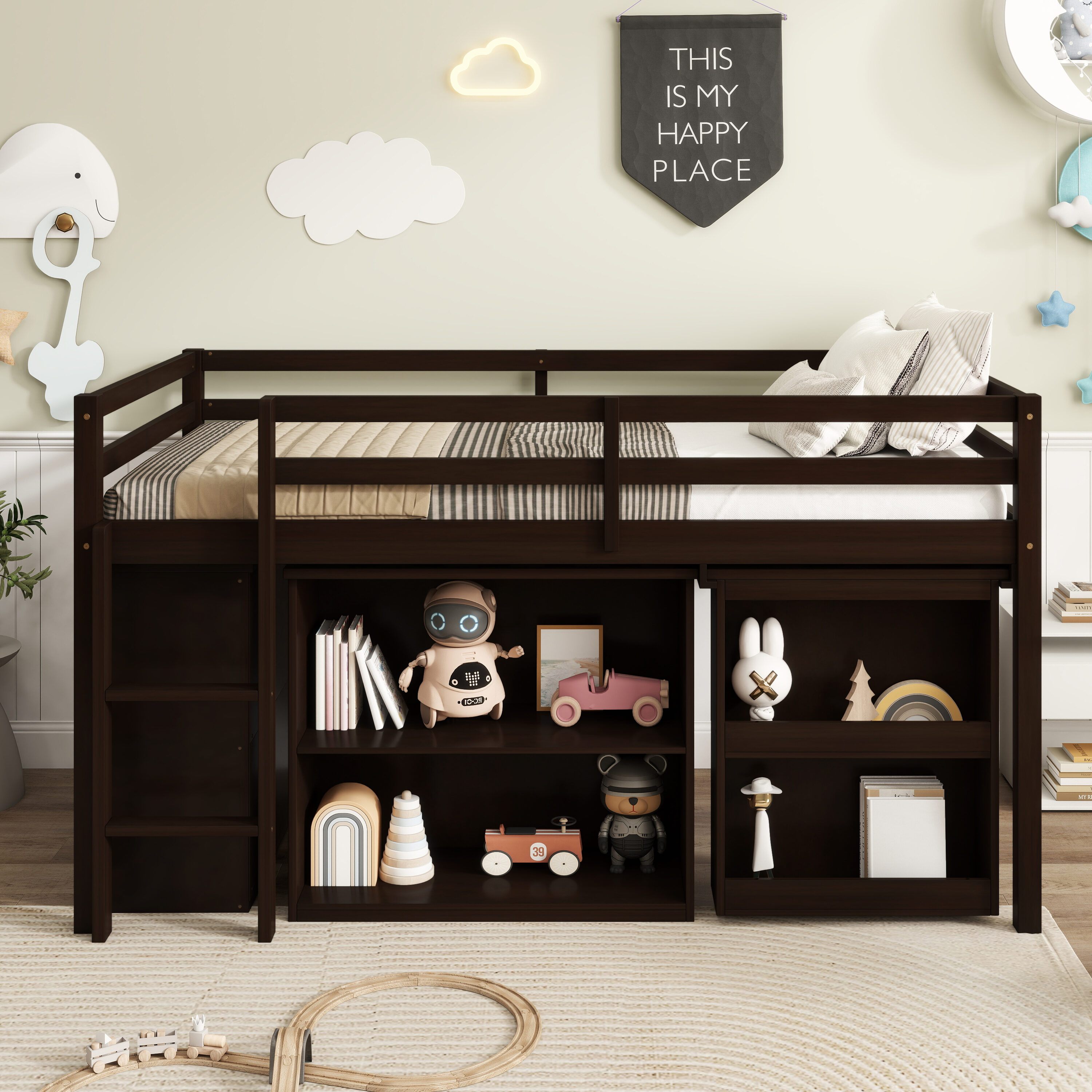Bellemave - Twin Loft Bed with 3 Drawer Cabinet Shelf Cabinet Pull Out Desk Guardrail Ladder Espr...