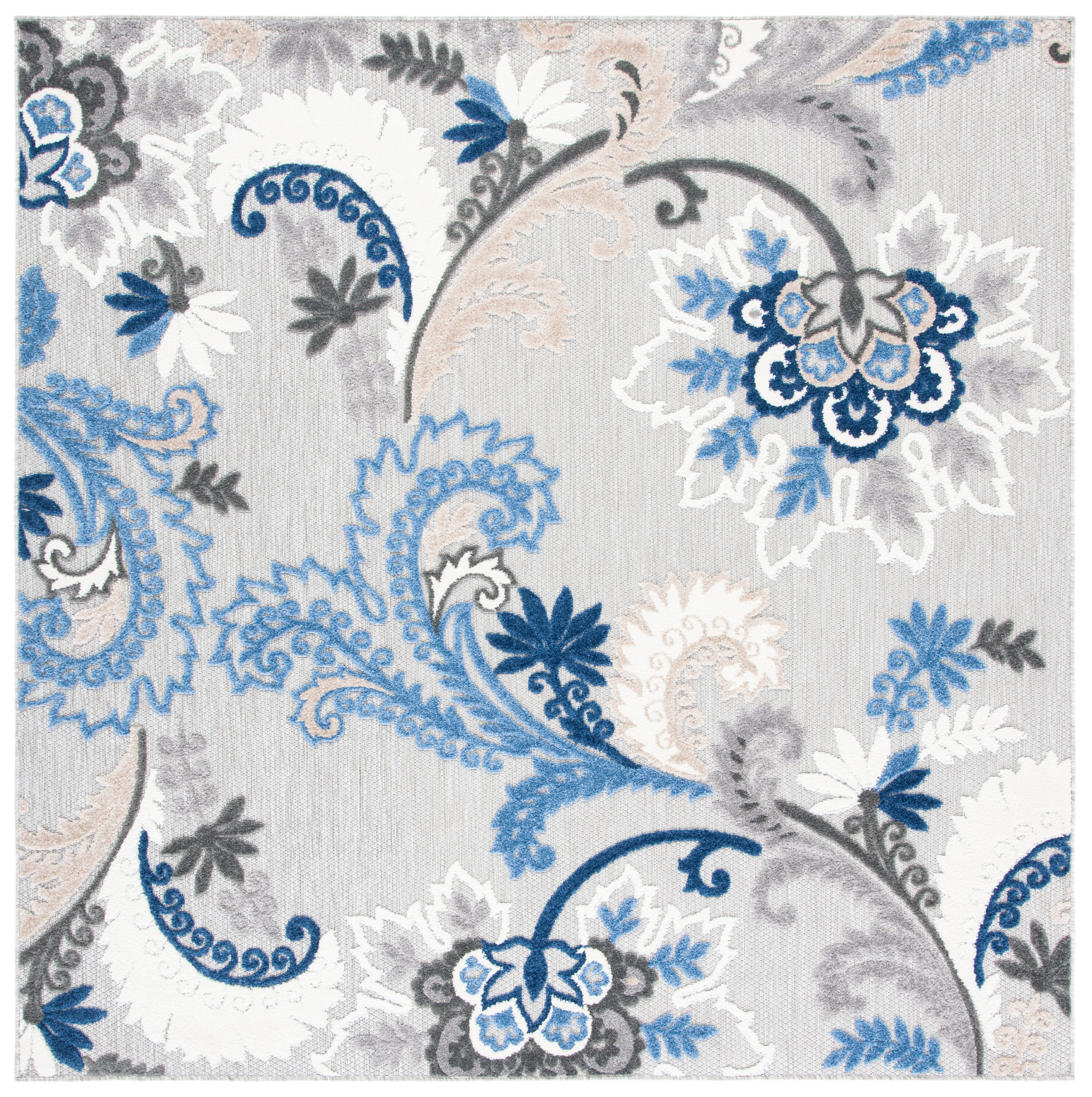 Grey and Blue Floral Synthetic Square Area Rug, 6'7" x 6'7"
