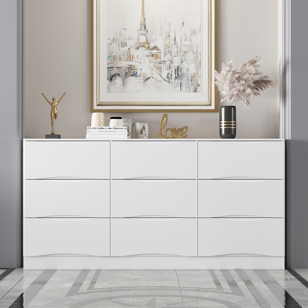 Homsee  Modern Wooden Dresser with 9 Drawers and Smooth Glides Drawers for Bedroom 63''L x 15.6''W x 31.5''H White