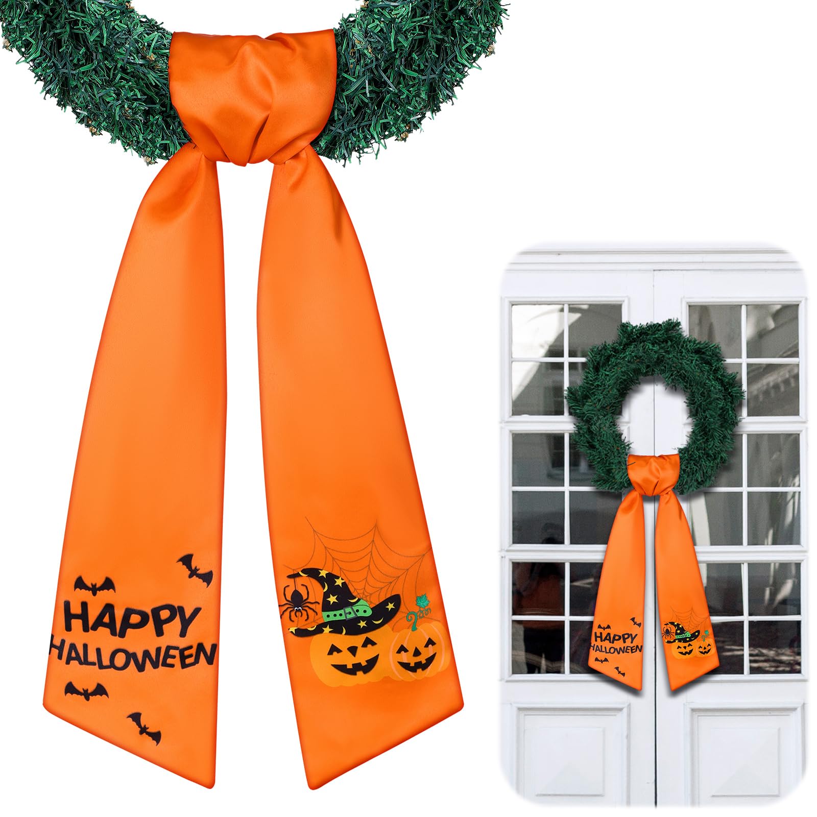 Justincity  Halloween Style Satin Wreath Sash for Front Door Wreaths Orange Floral Ribbon Bow Home Decor durable home and garden accessory