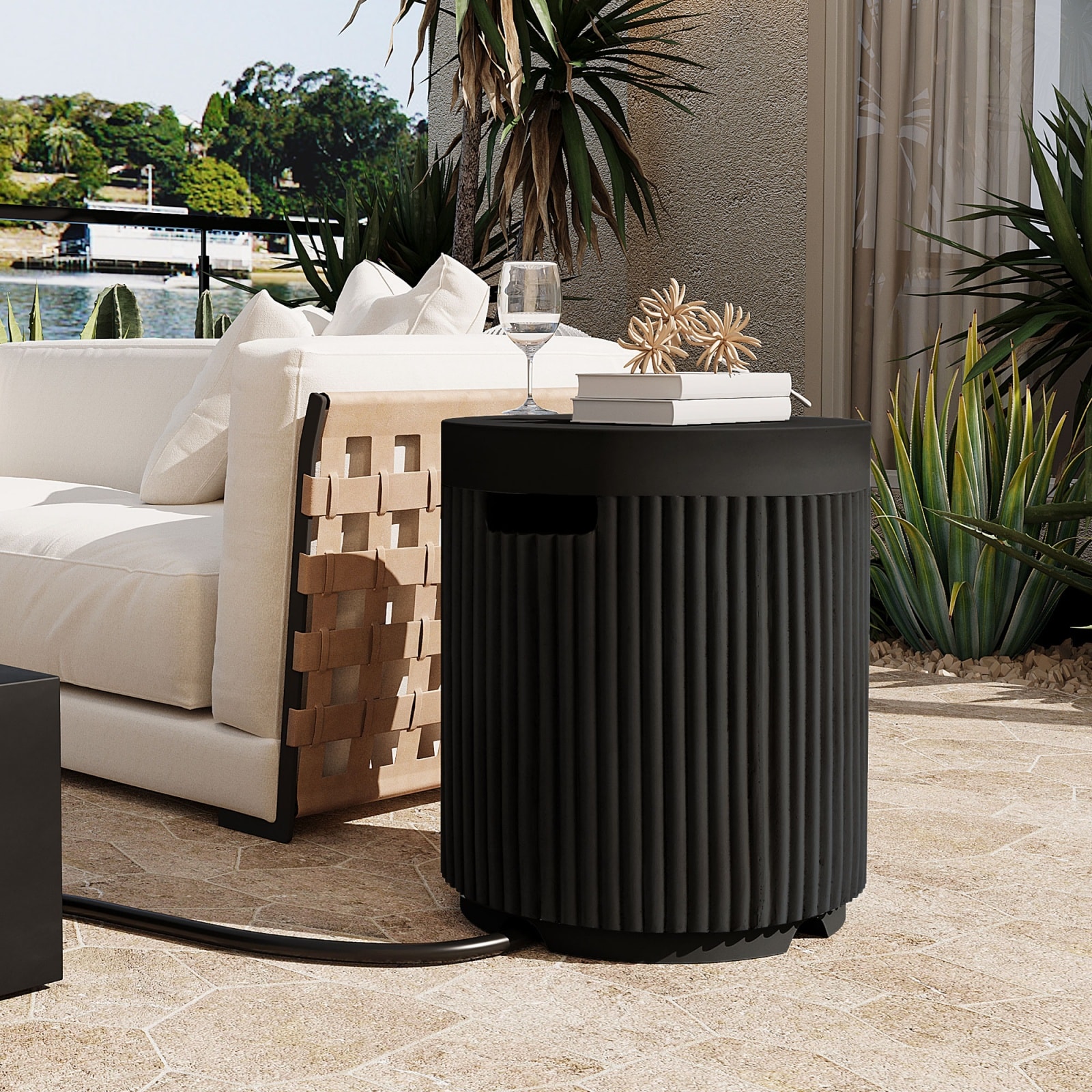 Lirago Outdoor Round Propane Tank Cover Table with Vertical Fluted