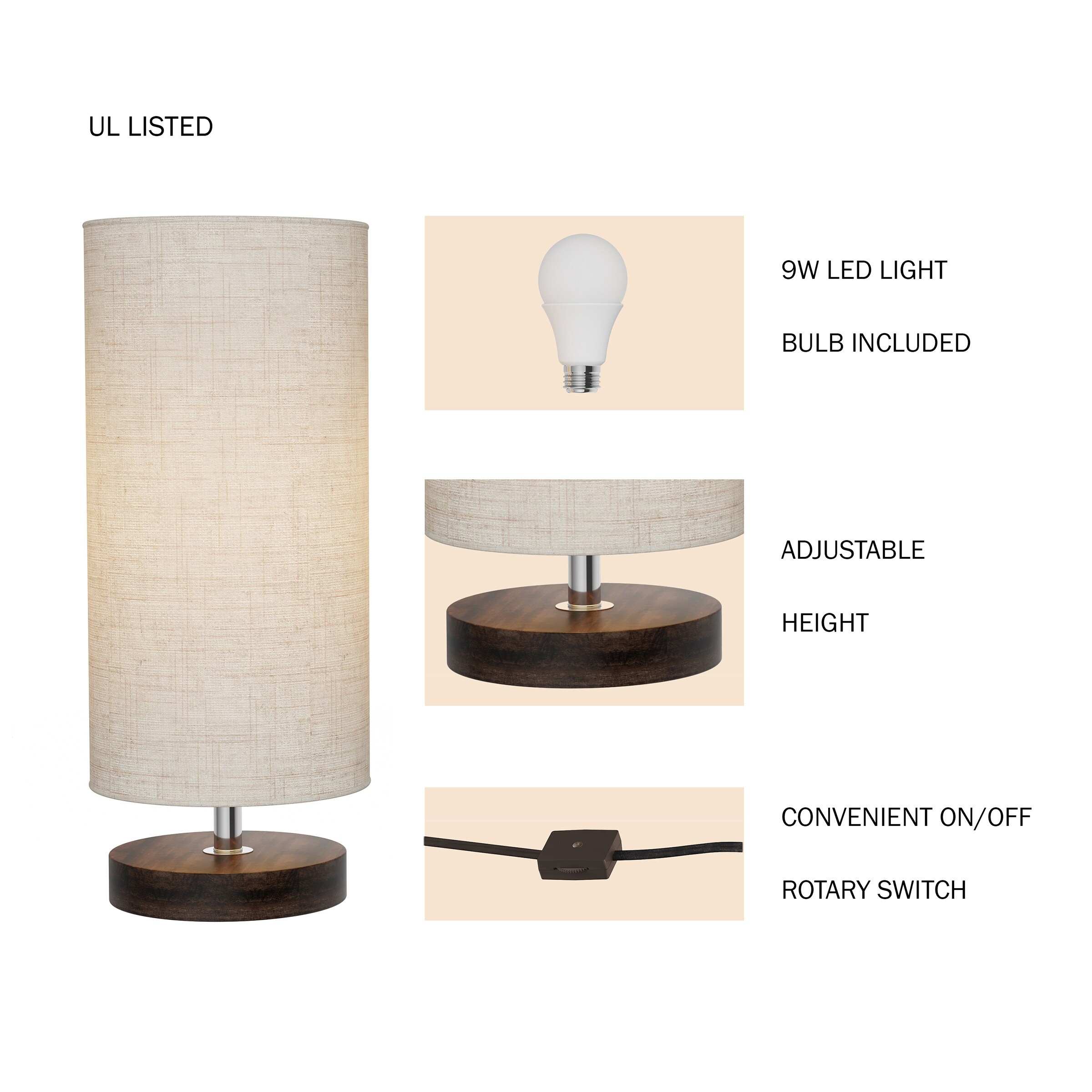 Adjustable White Cylinder Lamp with Wood Base and LED Bulb