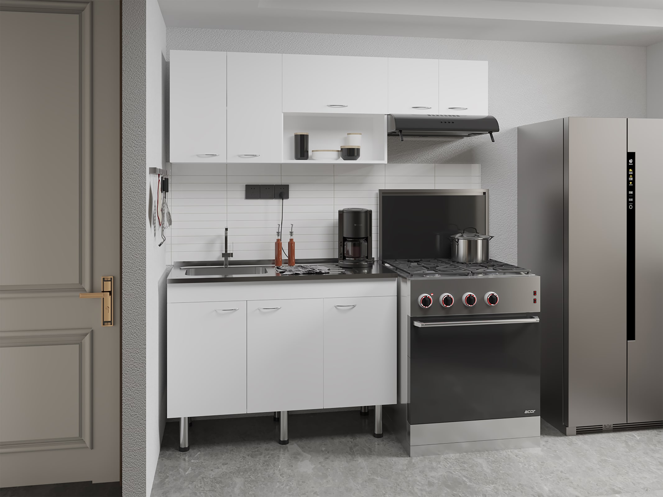 CHITA 2 Piece Set Modern Stainless Steel Base Cabinet with 3 Doors Integrated Sink Wall Mounted for Kitchen and Pantry Storage White