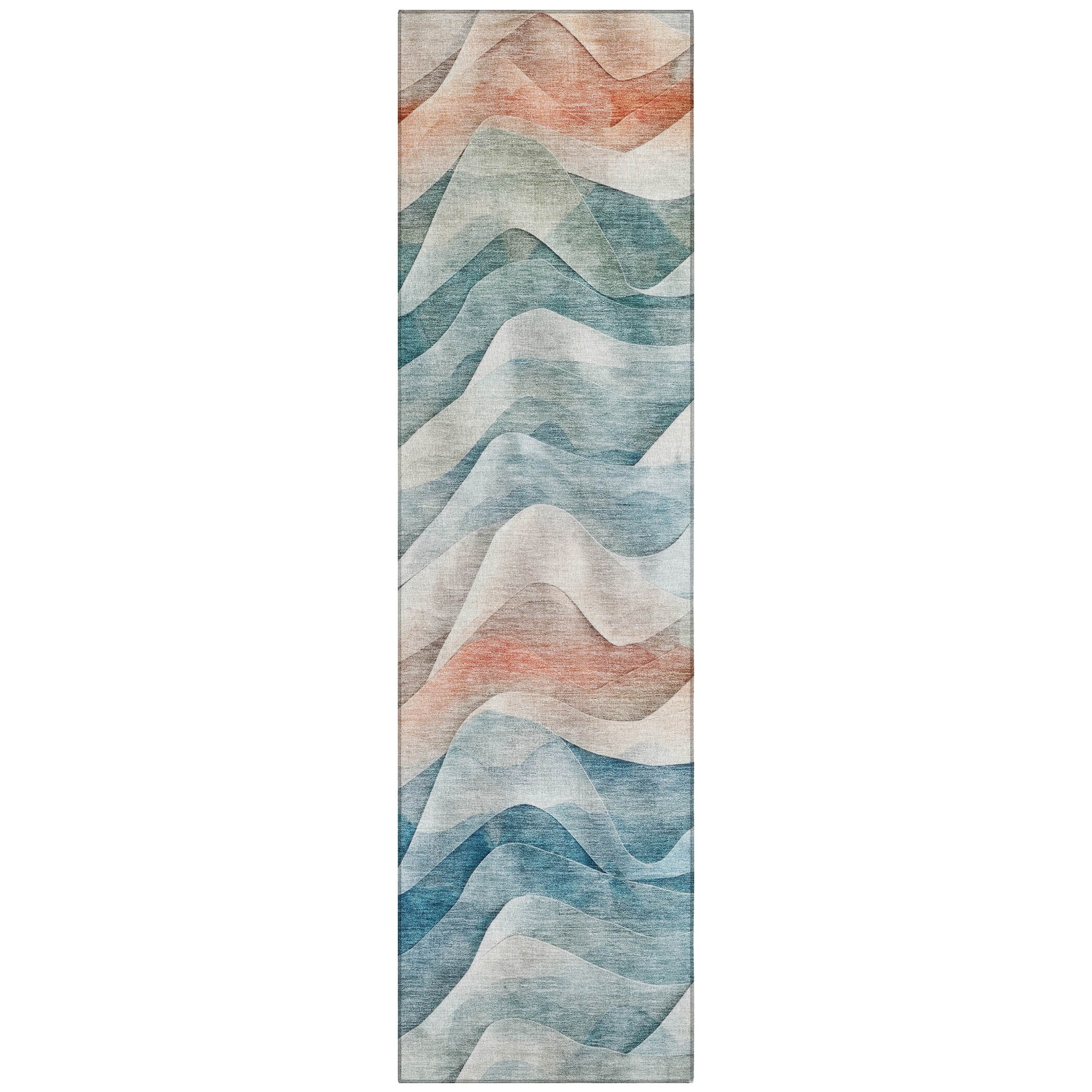 Teal and Beige Synthetic Wave Pattern Washable Runner Rug