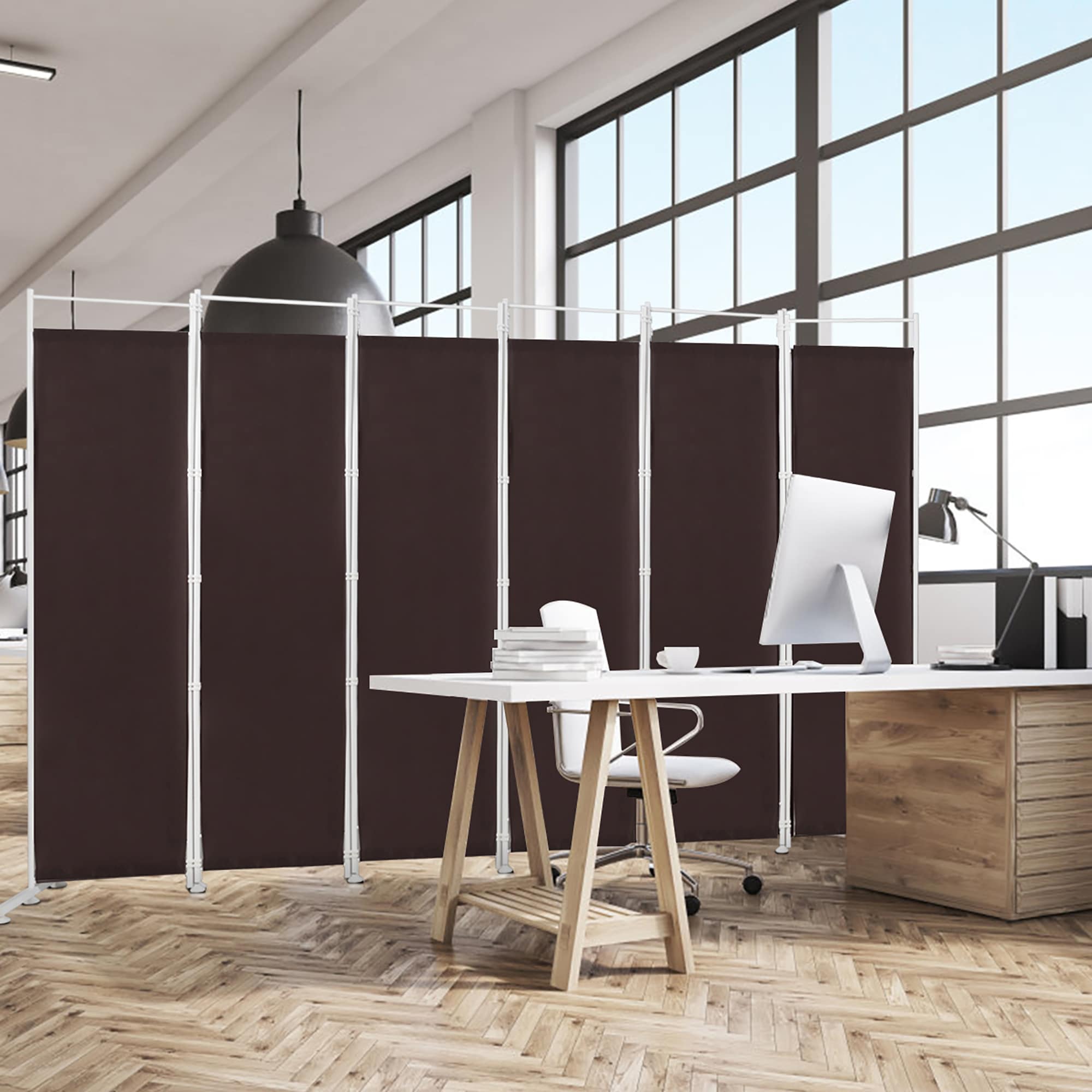 Brown Polyester 6-Panel Folding Room Divider with Steel Frame