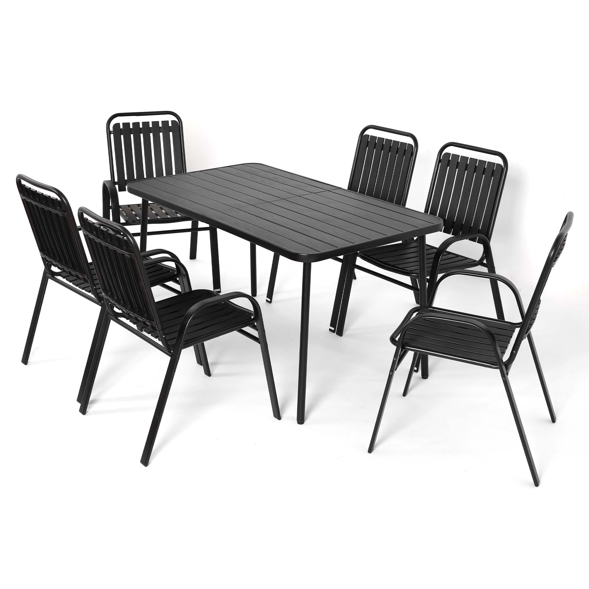 Fun Orange FUNS2HW03 7 -Piece Black Patio Dining Set Steel Rectangle Table with 6 Stackable Stationary Chairs