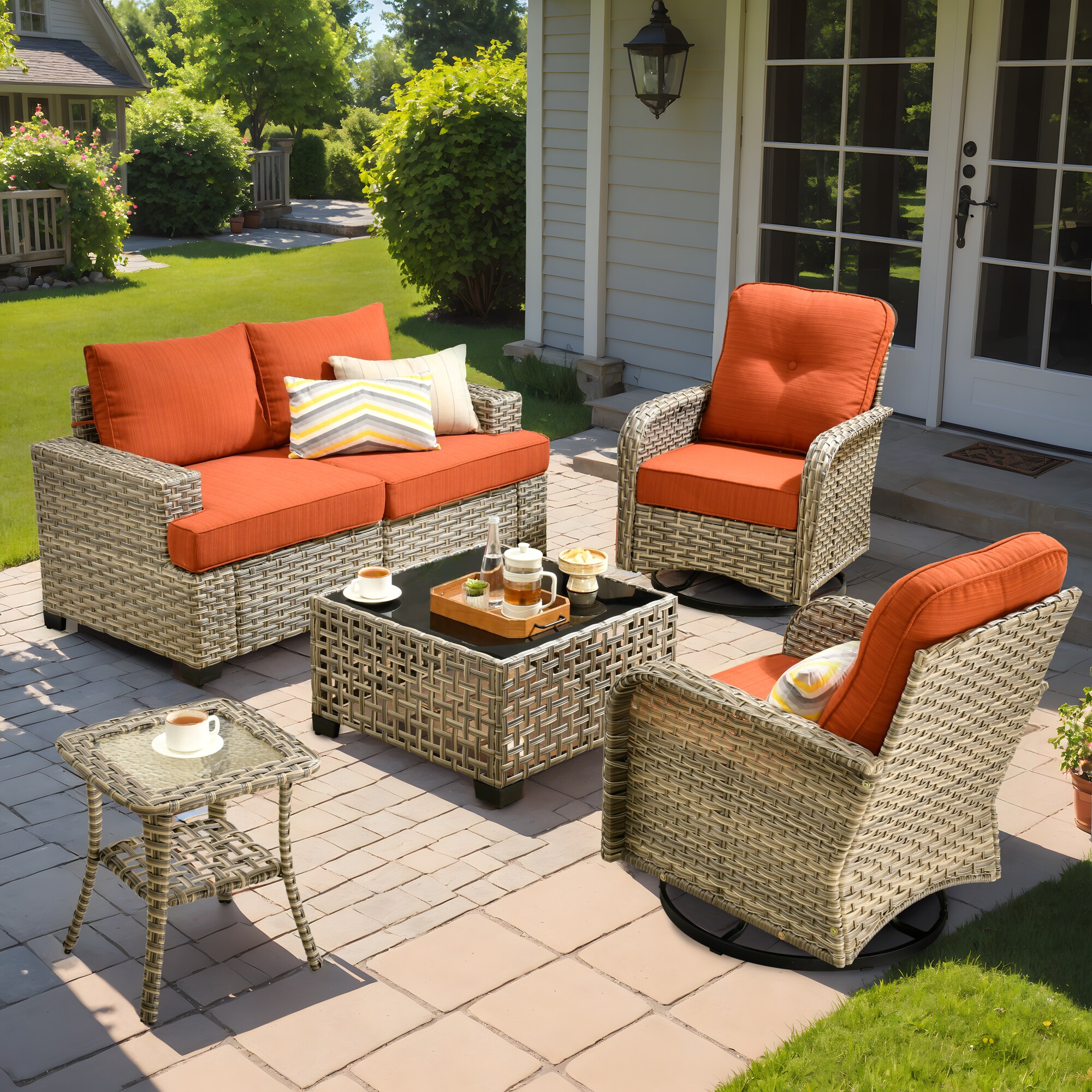 XIZZI XITBS8062-VNC Agate 5 -Piece Rattan Patio Conversation Set with Orange Cushions