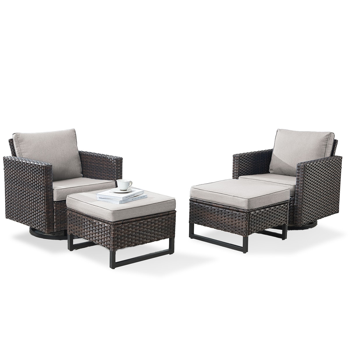 Rilyson FS122119-2 U-FEET Set of 2 Wicker Brown Wicker Frame Swivel glider Conversation Chair with Brown Beige Cushioned Seat